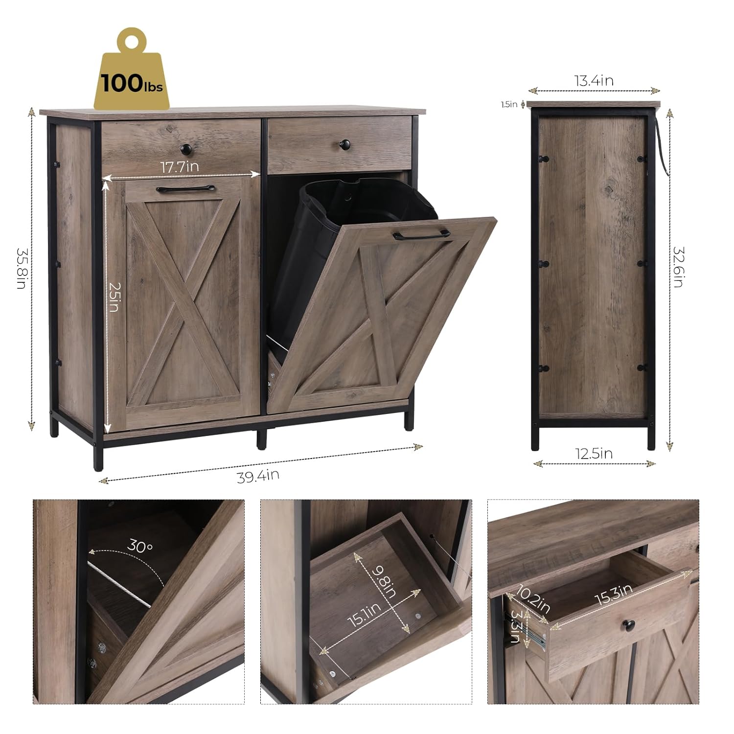 Arlopu Gabinete de basura de doble inclinación, gabinete de reciclaje extraíble de cocina de 20 galones, gabinete clasificador de ropa de madera