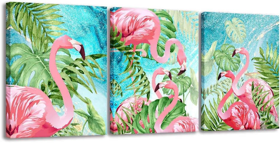 RUISHI Lienzo decorativo para pared, 3 piezas, flamenco, decoración bohemia para dormitorio, imagen de animales, palmera, plantas tropicales,