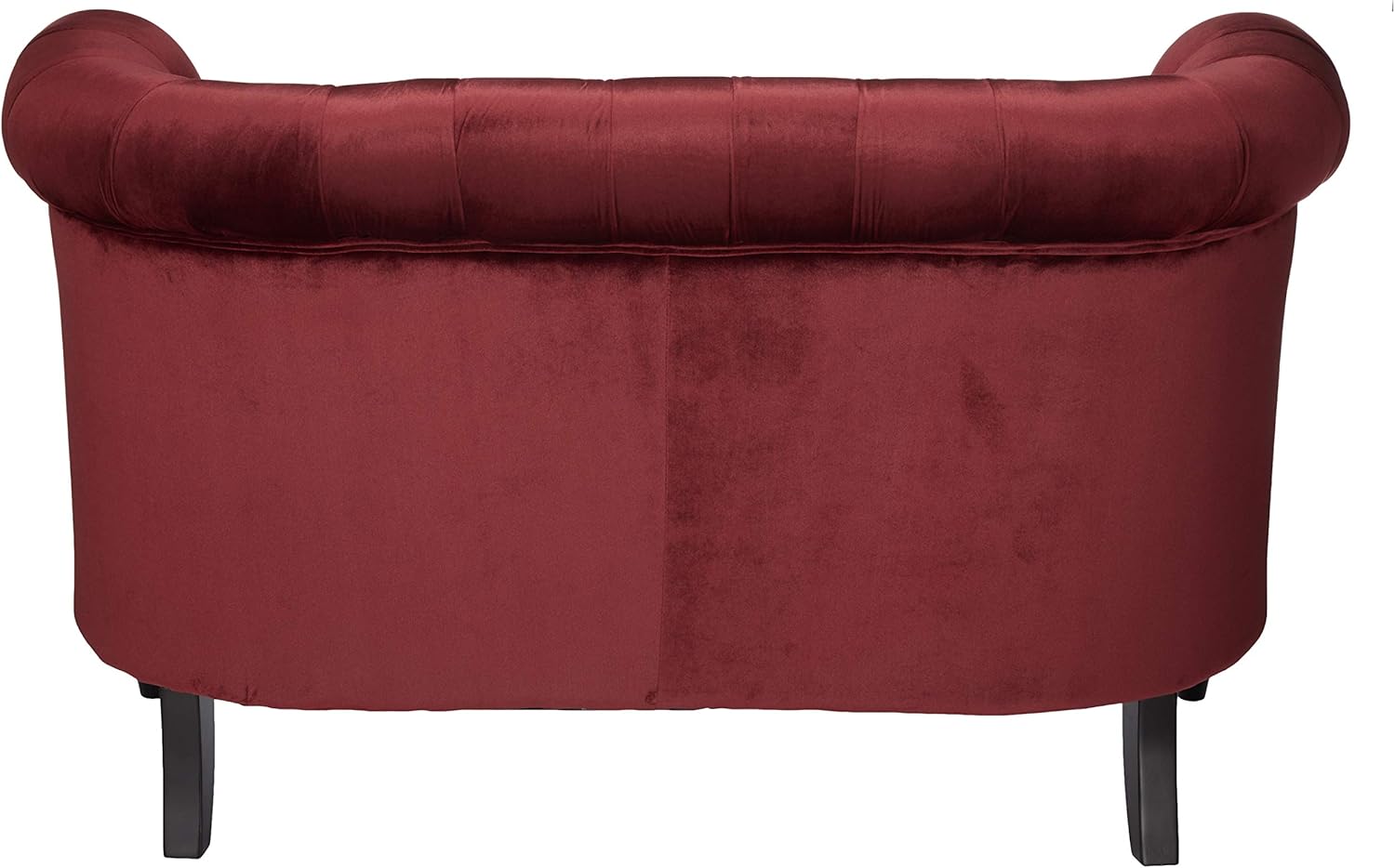 Great Deal Furniture Melaina – Sofá de dos plazas de terciopelo Chesterfield con brazos enrollados, granate y marrón oscuro