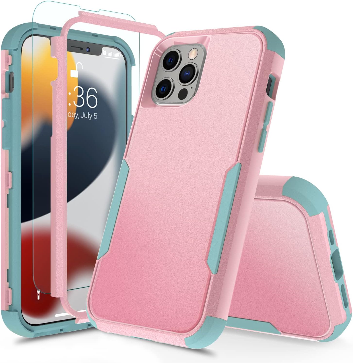 TJS Funda compatible con iPhone 13 Pro Max, con protector de pantalla de vidrio templado, resistente, resistente, a prueba de golpes, protección de