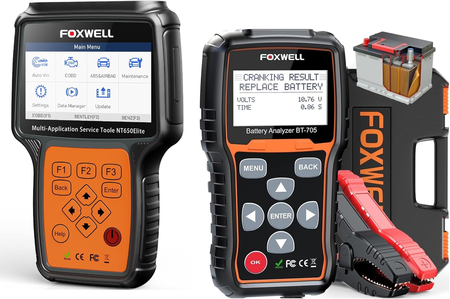 FOXWELL NT650 Elite ABS SRS Bidireccional OBD2 escáner con FOXWELL BT705 12V 24V probador de batería de coche automotriz