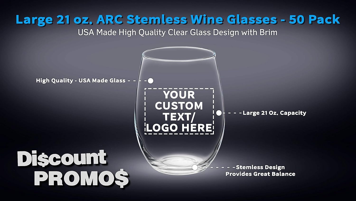 DISCOUNT PROMOS 50 ARC – Juego de copas de vino sin tallo, 21 onzas, texto personalizable, logotipo, Chardonnay, Cabernet, Merlot, Sauvignon,