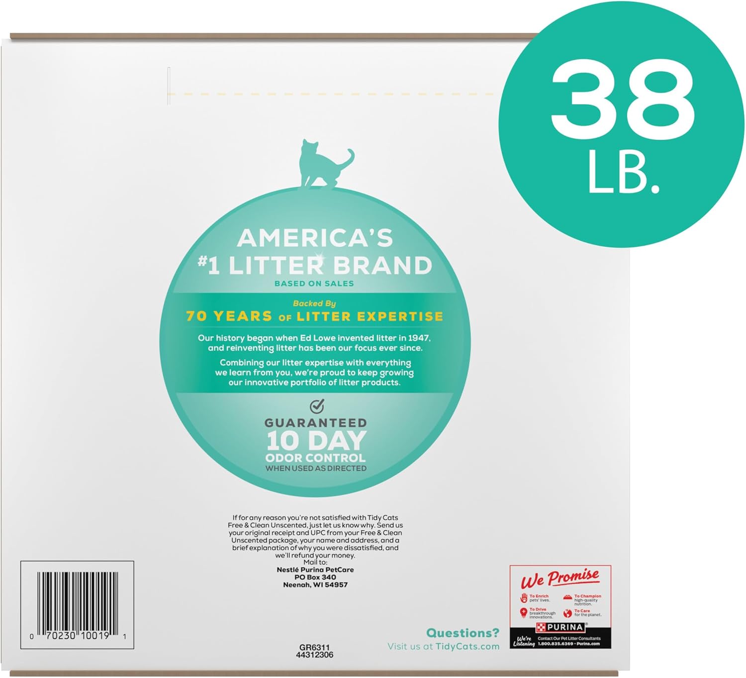Purina Tidy Cats – Arena aglutinante para gatos, libre y limpia, sin perfume, caja de 38 libras