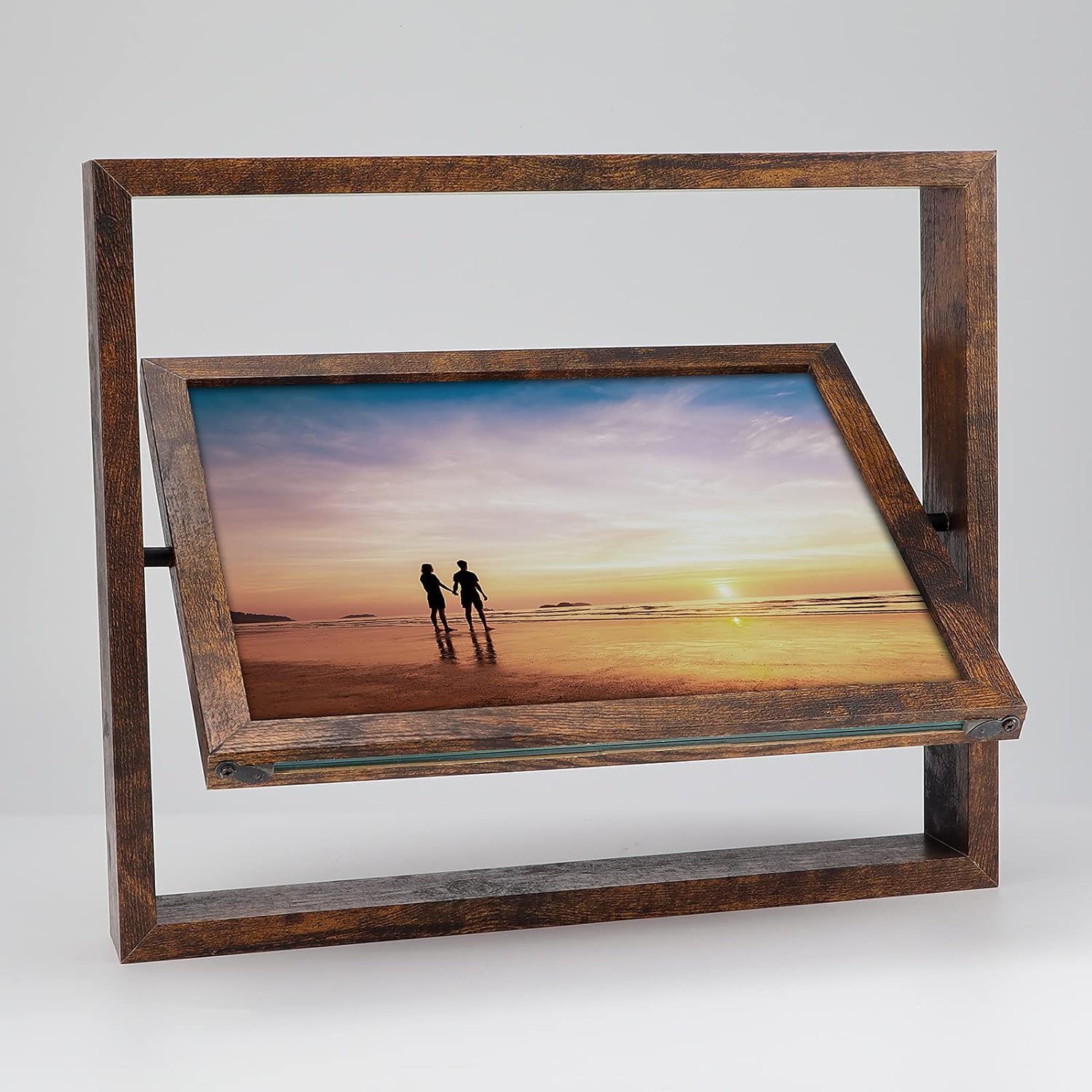 EXYGLO Paquete de 2 marcos de fotos flotantes giratorios rústicos de 8 x 10 pulgadas, marcos de fotos para exhibición de mesa vertical u horizontal,