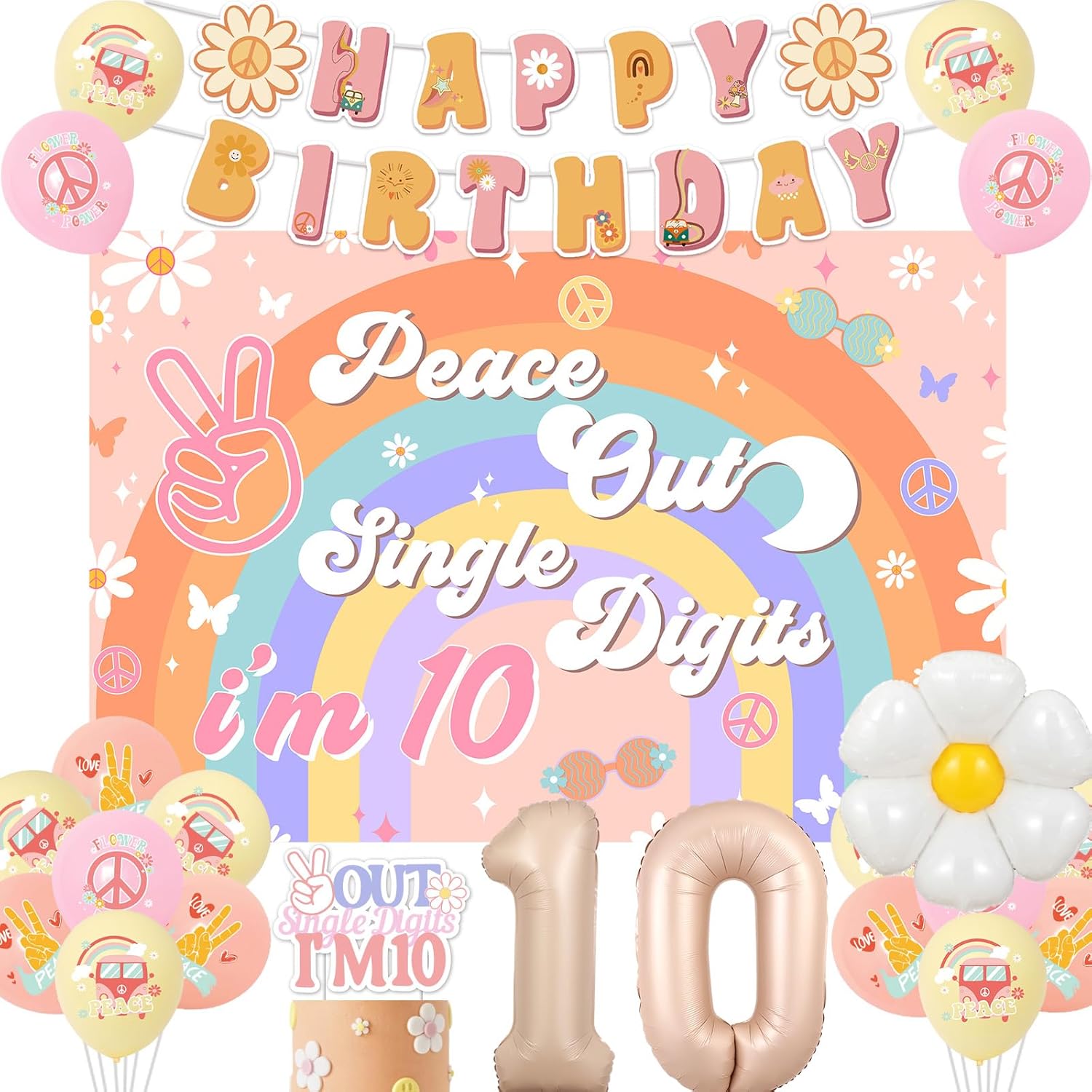 Peace Out – Decoración de fiesta de un solo dígito para niña, Groovy decoraciones de cumpleaños número 10, pancarta bohemia de feliz cumpleaños,