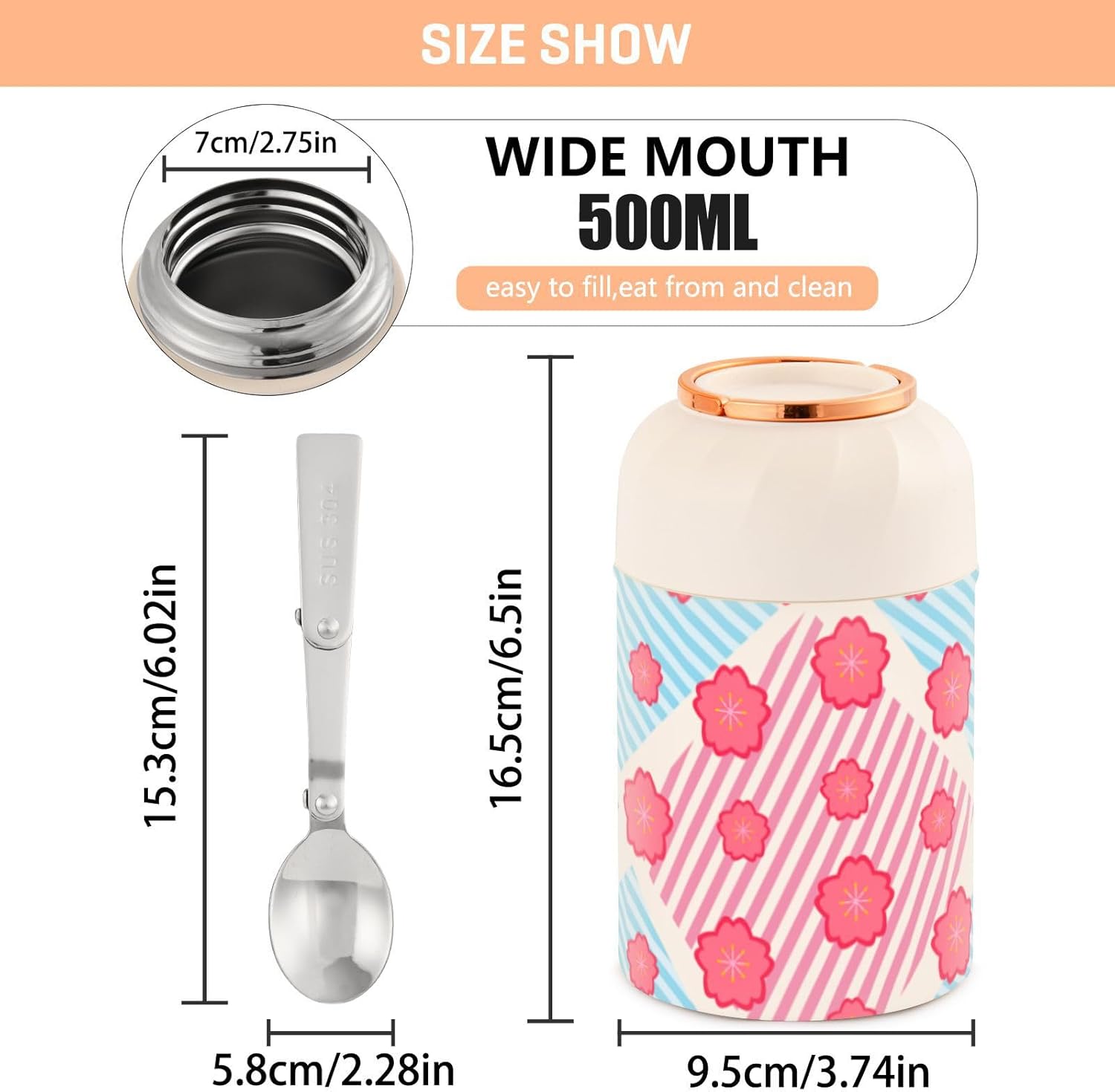 Pink Flowers Strip Boho Kids Womens Insulated Food Jar Container with Spoon 17oz500ml Soup Containers With Lids Stainless Steel Vacuum Keep Warm