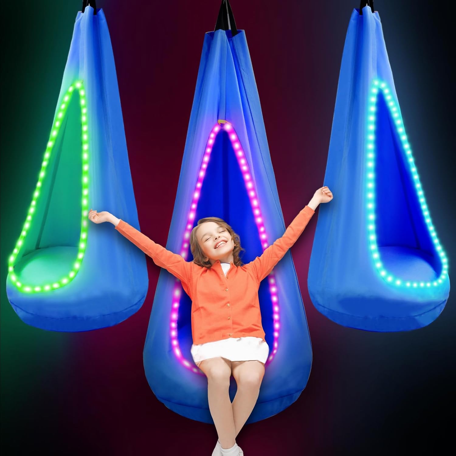 Asiento columpio para niños, hamaca colgante con tira de luces LED y cojín inflable, silla giratoria sensorial para exteriores e interiores, máximo