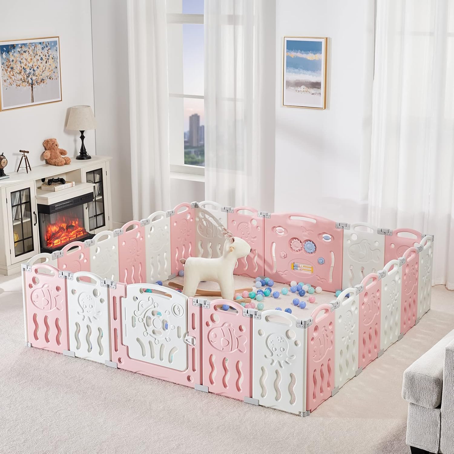 Albott Corralito para bebés, valla plegable mejorada de 22 paneles con panel de juego y puerta de seguridad, forma ajustable, patios portátiles para