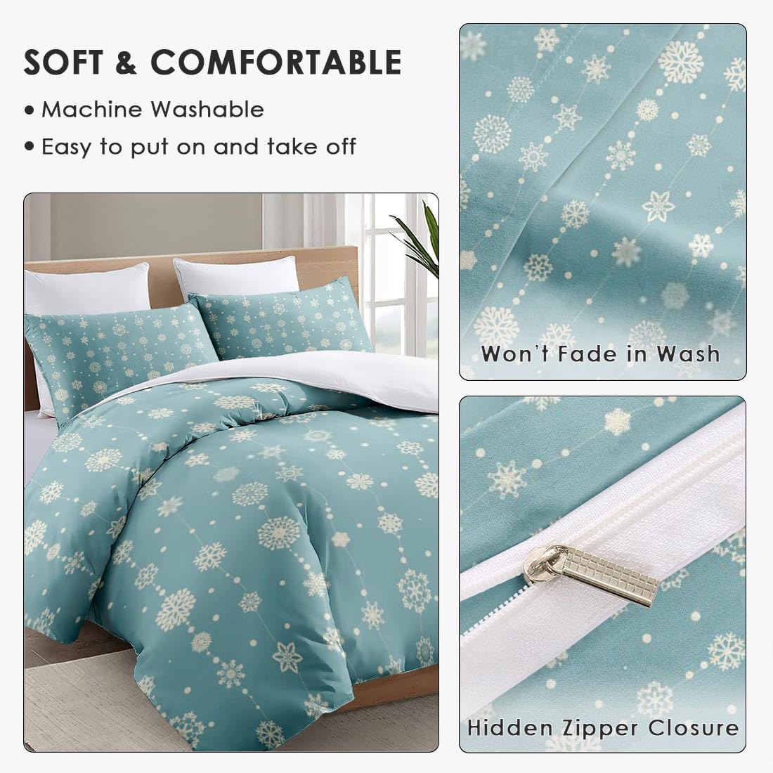 Juego de funda de edredón, copos de nieve de Navidad, juego de ropa de cama azul retro para niños y adultos, decoración de dormitorio, juego de