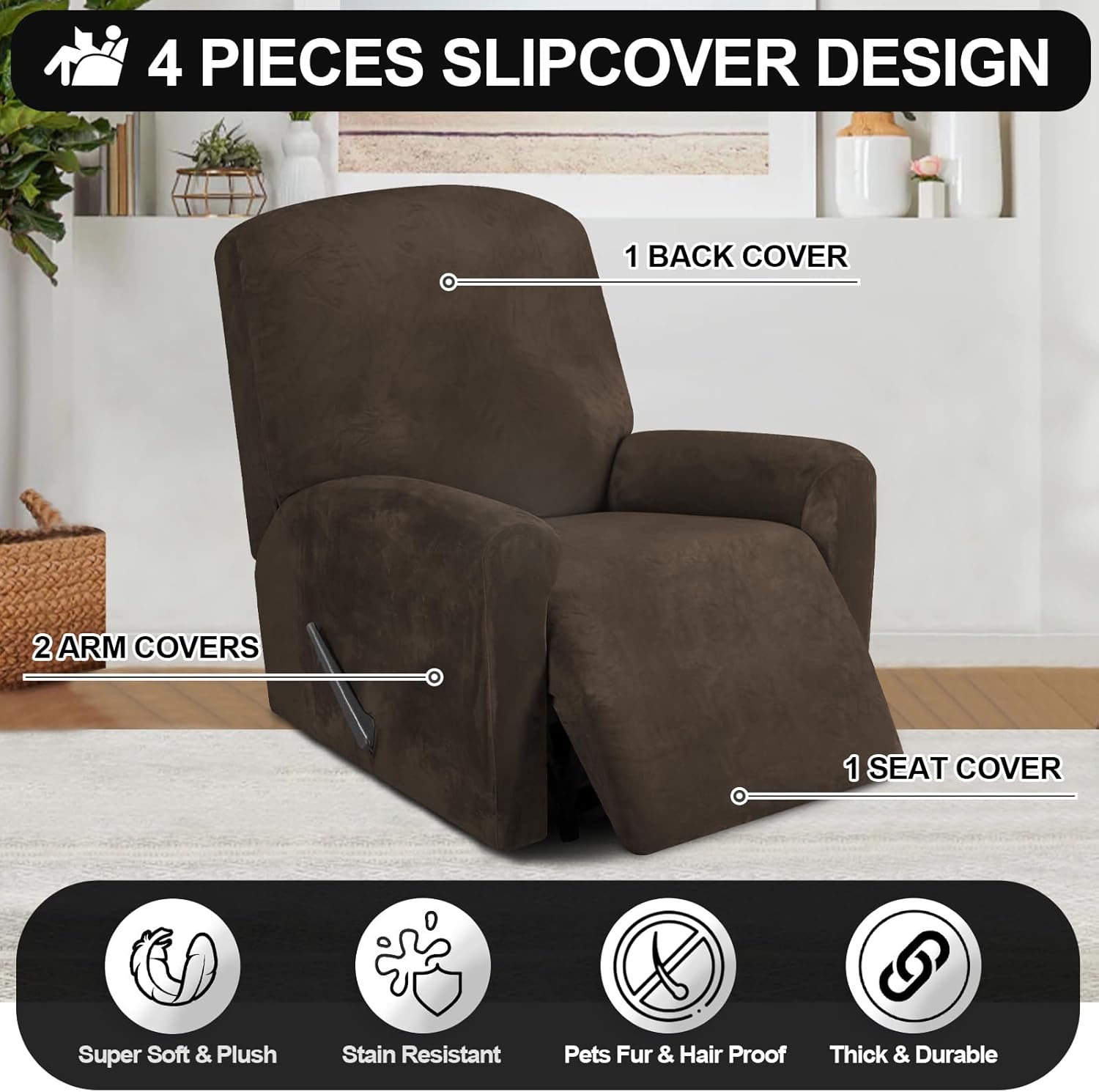 FestiCorp Fundas para sillas reclinables, fundas para sillas reclinables de terciopelo real, 4 piezas, para niños pequeños, fundas elásticas para