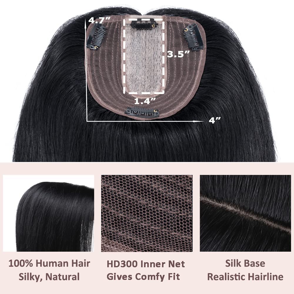 Hairro Extensiones de cabello humano con pinzas para mujer, 4 x 4.7 pulgadas, base de seda de 130 % de densidad, para pérdida de cabello, cabello