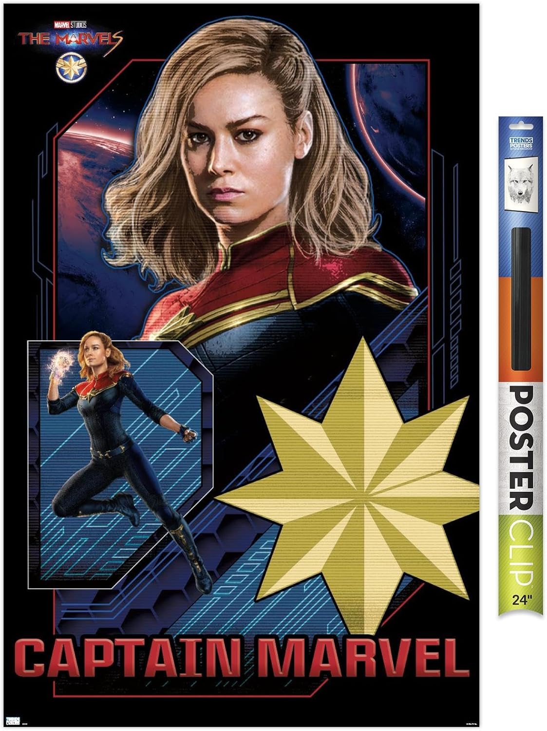 Trends International Marvel The Marvels – Póster de pared de Capitán Marvel, 22.37 x 34.00 pulgadas, paquete de póster y clip prémium