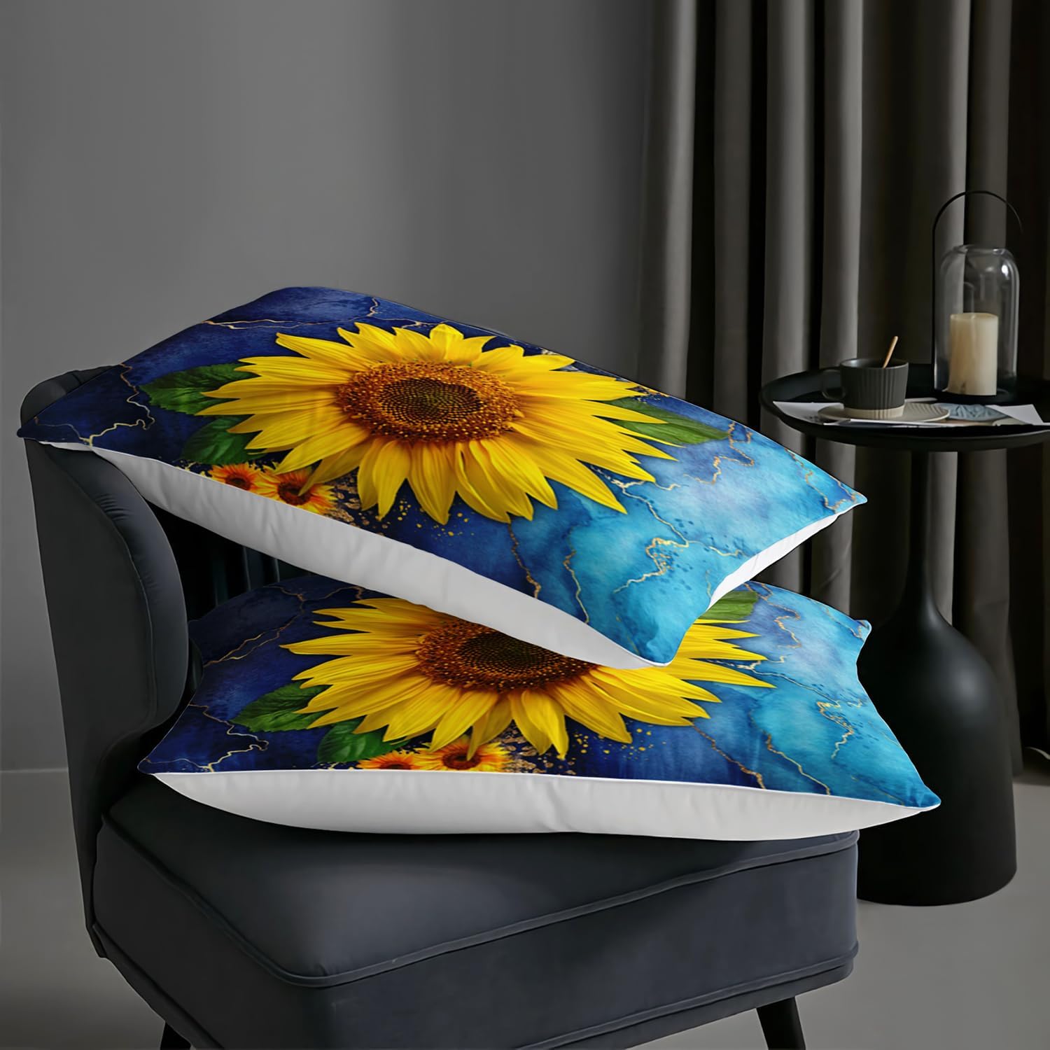 AILONEN Juego de edredón de girasol, tamaño Queen, juego de ropa de cama con estampado de girasol amarillo en acuarela azul para niños y niñas,