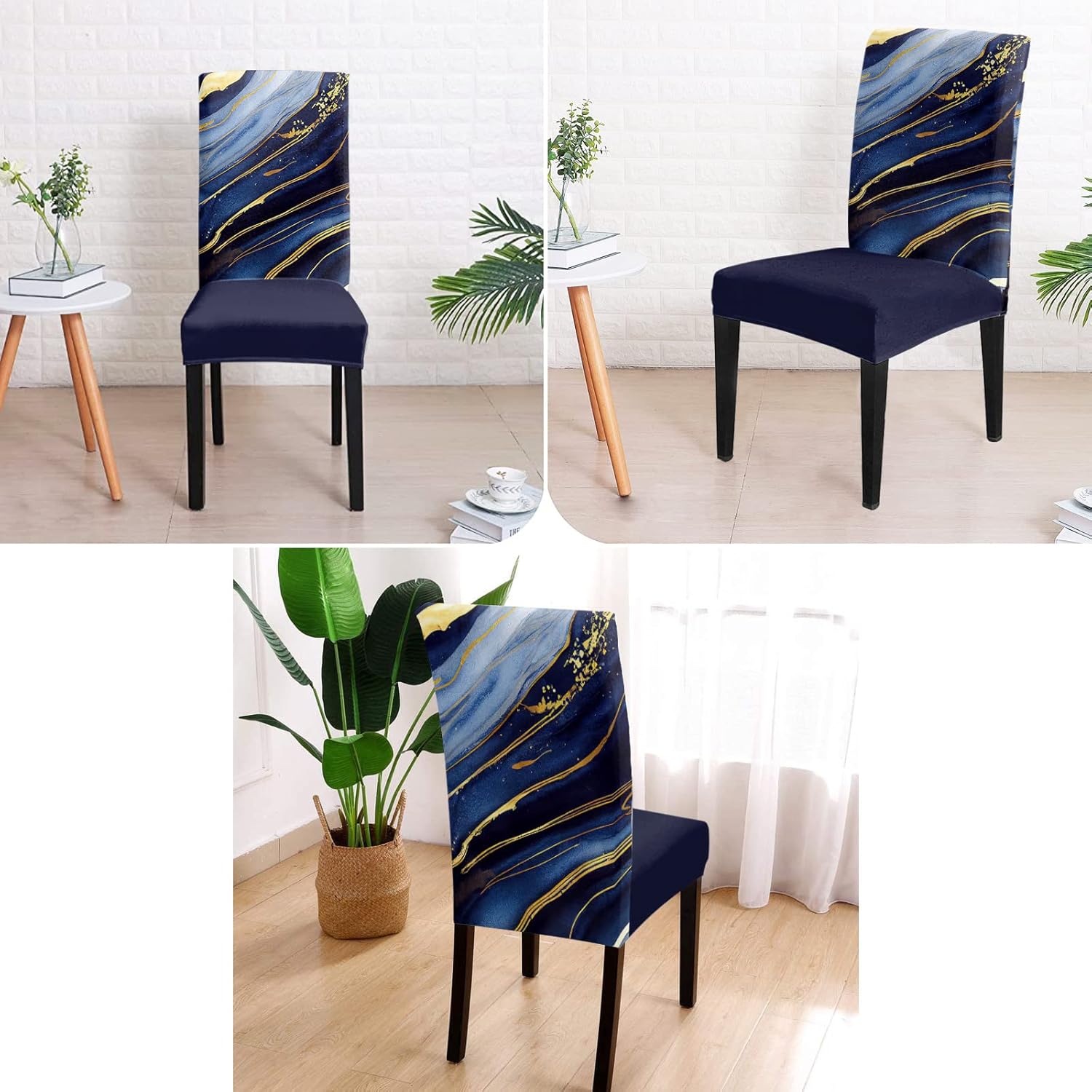 Juego de 6 fundas elásticas para sillas de comedor con diseño de mármol azul marino y amarillo, fundas protectoras elásticas para sillas de cocina,