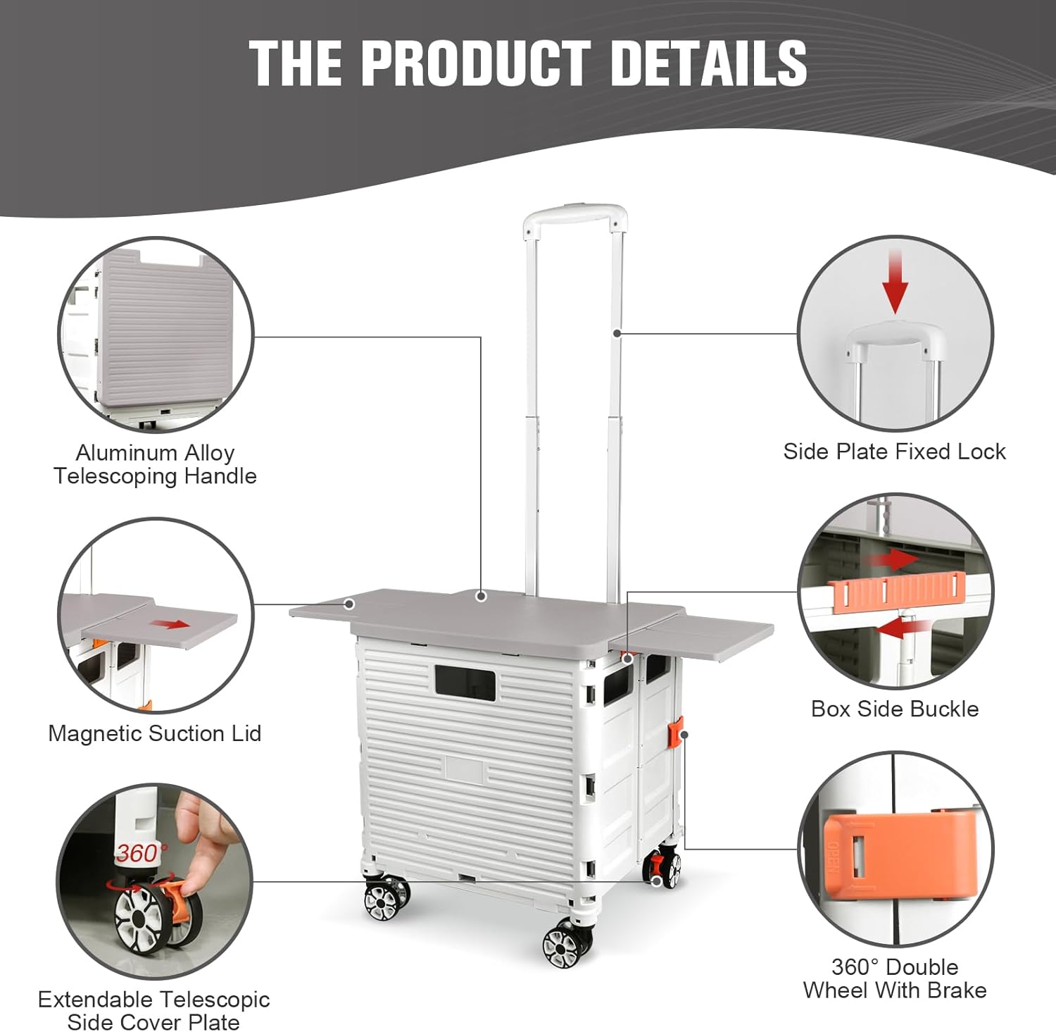 FELICON SELORSS – Carrito plegable portátil con tapa deslizante magnética, mango telescópico, caja de plástico, ruedas giratorias de 360 para