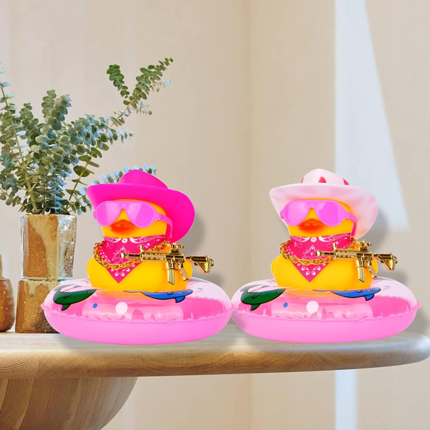Anillo de natación de pato vaquero para decoración de tablero de automóvil, accesorios de decoración de pato de goma con mini anillo de natación,