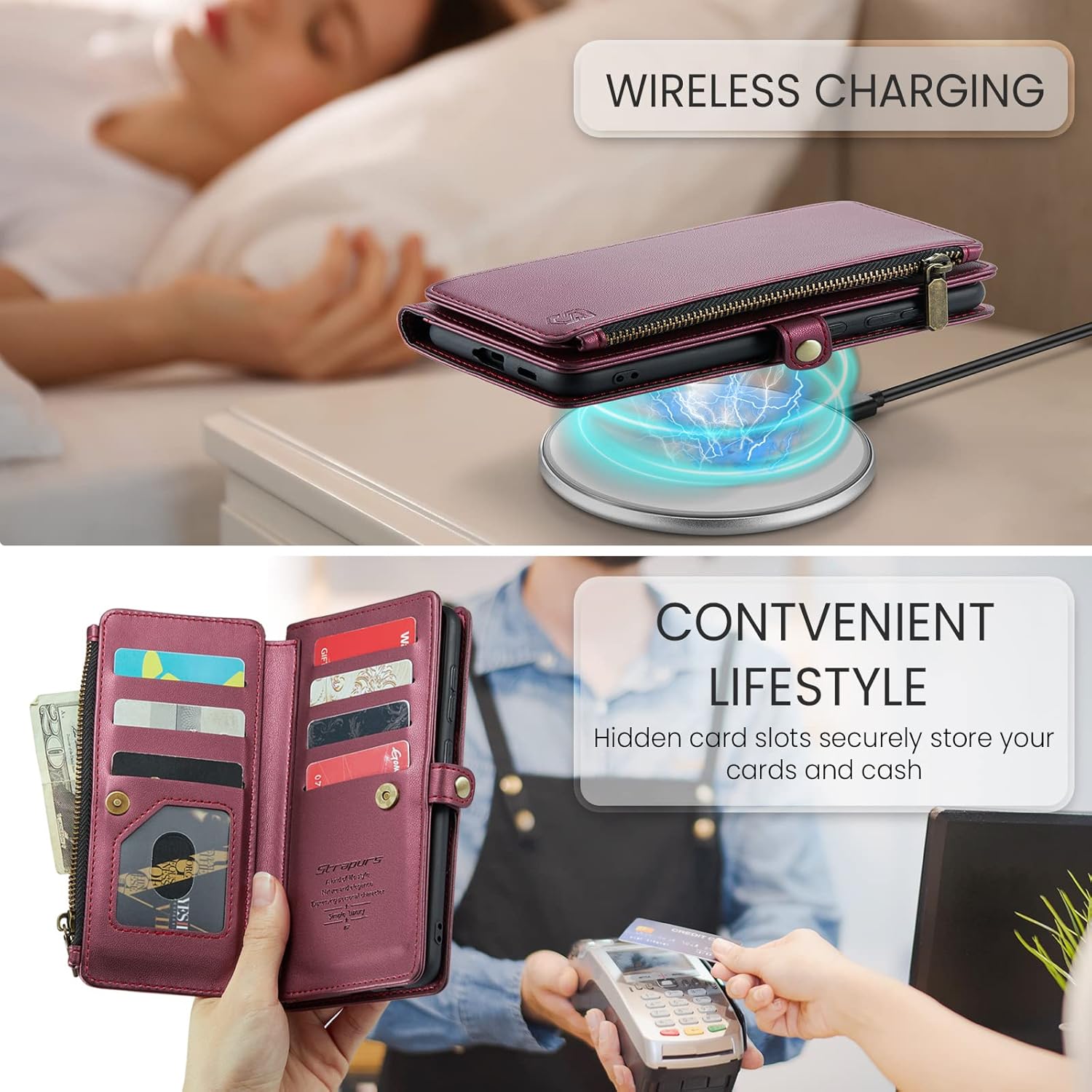 Funda compatible con Samsung Galaxy S21 FE 5G con tarjetero, bloqueo RFID, cremallera, para Galaxy S21 FE, funda magnética de piel sintética para