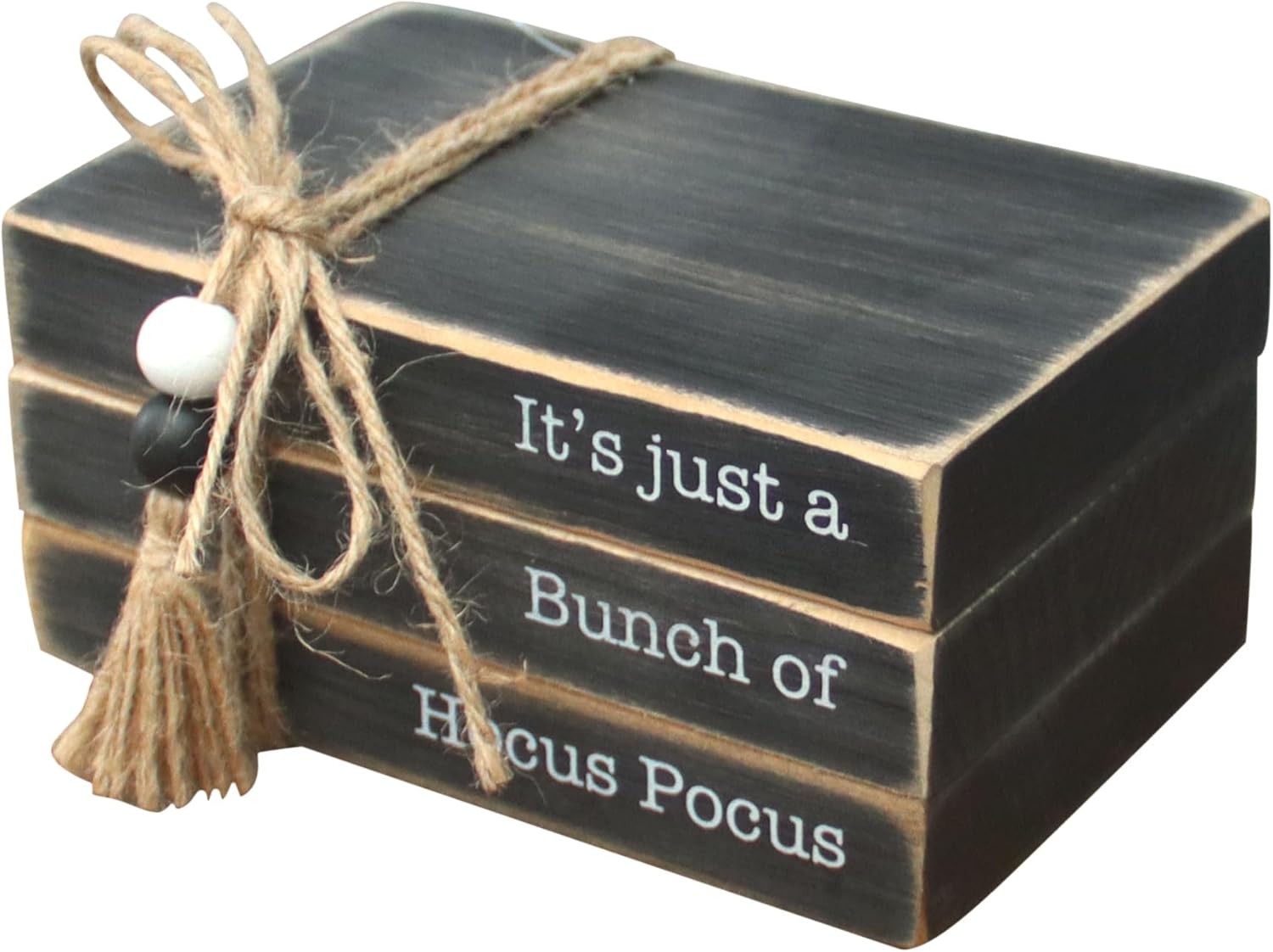 It’s Just A Bunch of Hocus Pocus, libros decorativos apilados de madera, decoración de mesa de madera, decoración de Halloween de madera rústica de