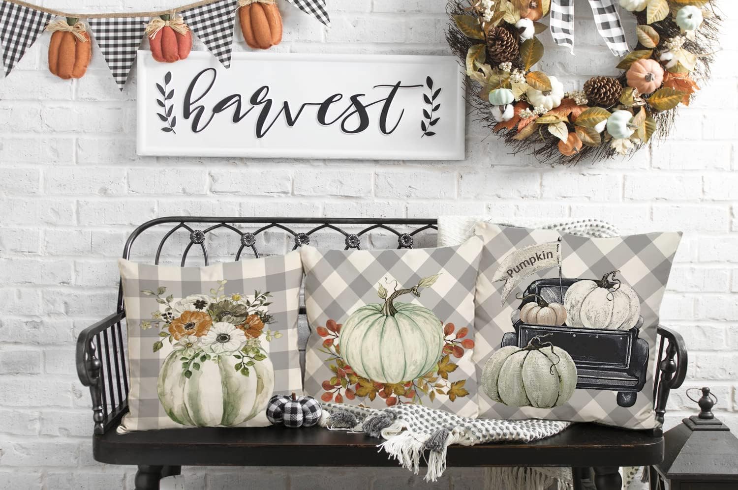Juego de 4 fundas de almohada de otoño de 18 x 18 pulgadas, diseño de búfalo gris, acuarela, calabaza, camión, casa de campo, flores de eucalipto,