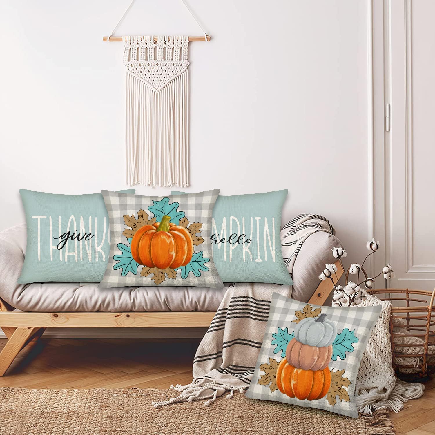 Juego de 4 fundas de almohada de otoño de 22 x 22 pulgadas, diseño de búfalo con texto en inglés “Hello Pumpkin Give Though”, a cuadros, decoración