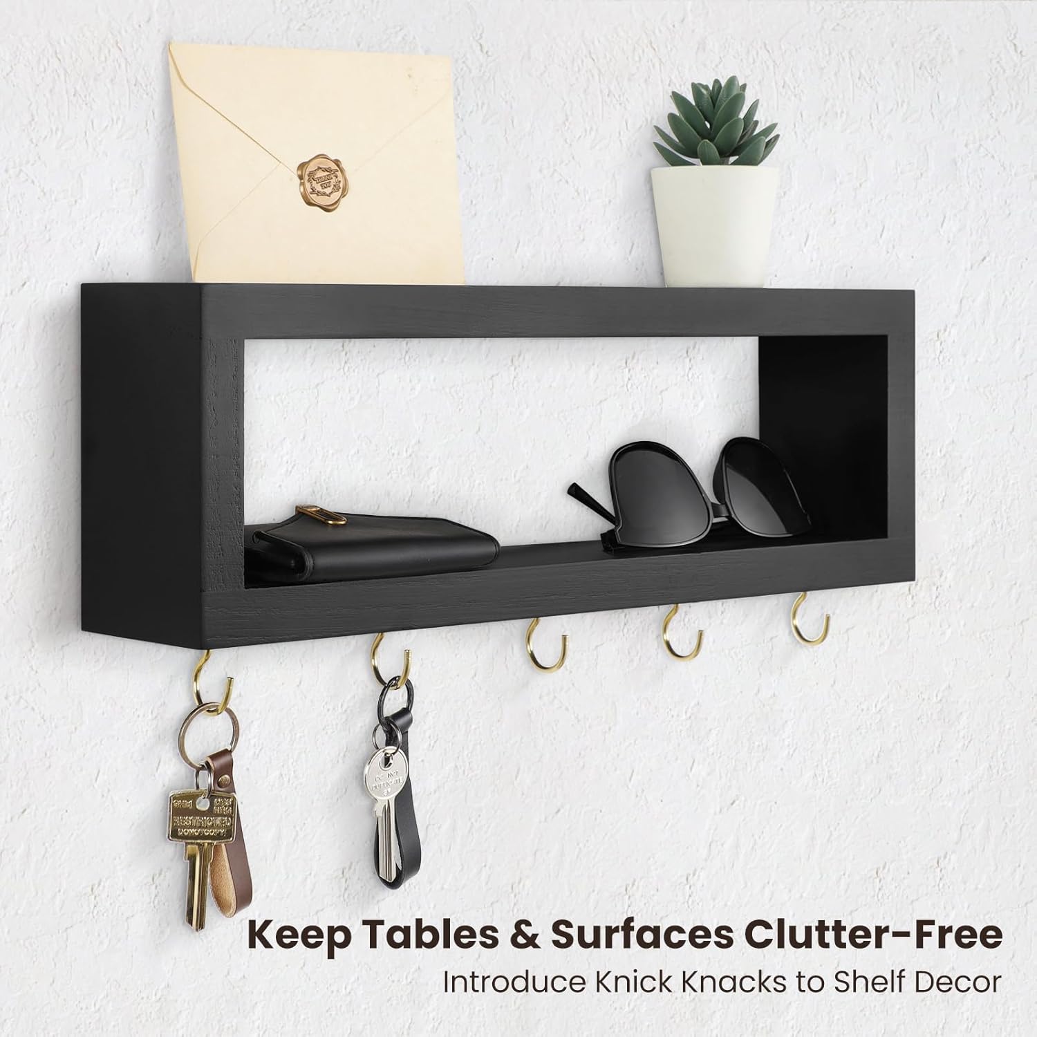 Estante de pared con ganchos  Soporte decorativo para llaves y cartera para pared para gafas de sol, correas, bufandas y cordones  15.7 x 5.1 x 2.9