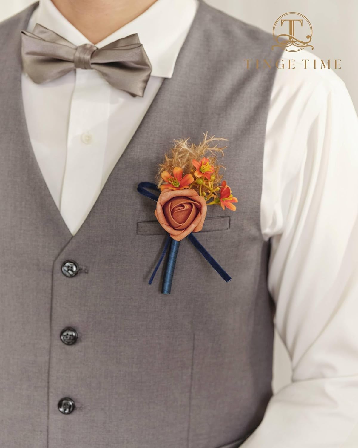 TINGE TIME Boutonniere – Juego de 6 boutonniere de boda para hombre, Boutonniere para novio, novio y padrino, juego de boutonniere para baile de