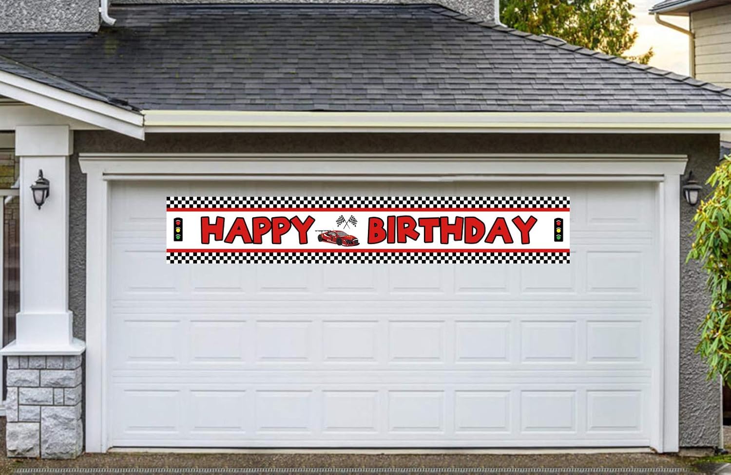 Lager – Cartel de feliz cumpleaños de coche de carreras, decoración de suministros de fiesta temática de carreras rojas, bandera a cuadros Let’s Go
