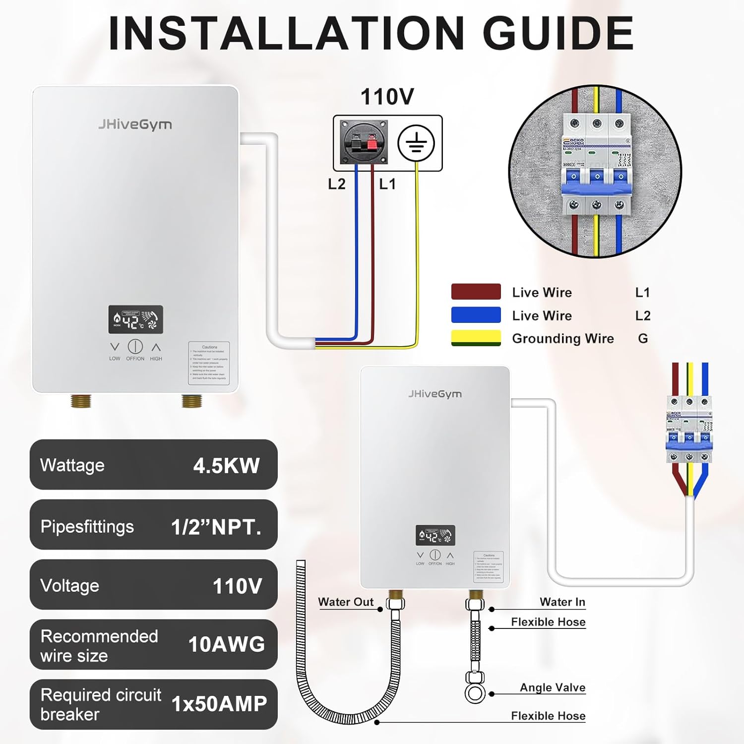 Calentador de agua sin tanque de 4500 W, calentador de agua eléctrico de 110 V con pantalla digital,Calentador de agua caliente instantáneo de