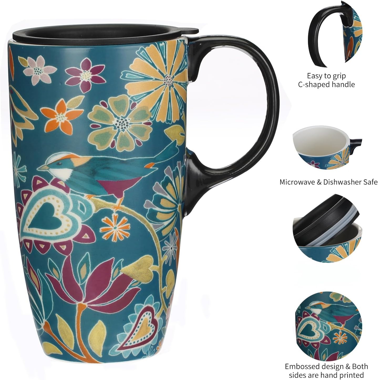 Topadorn Taza de cerámica para café, taza de té de porcelana con tapa, 17 oz, sinfonía floral, pájaro verde