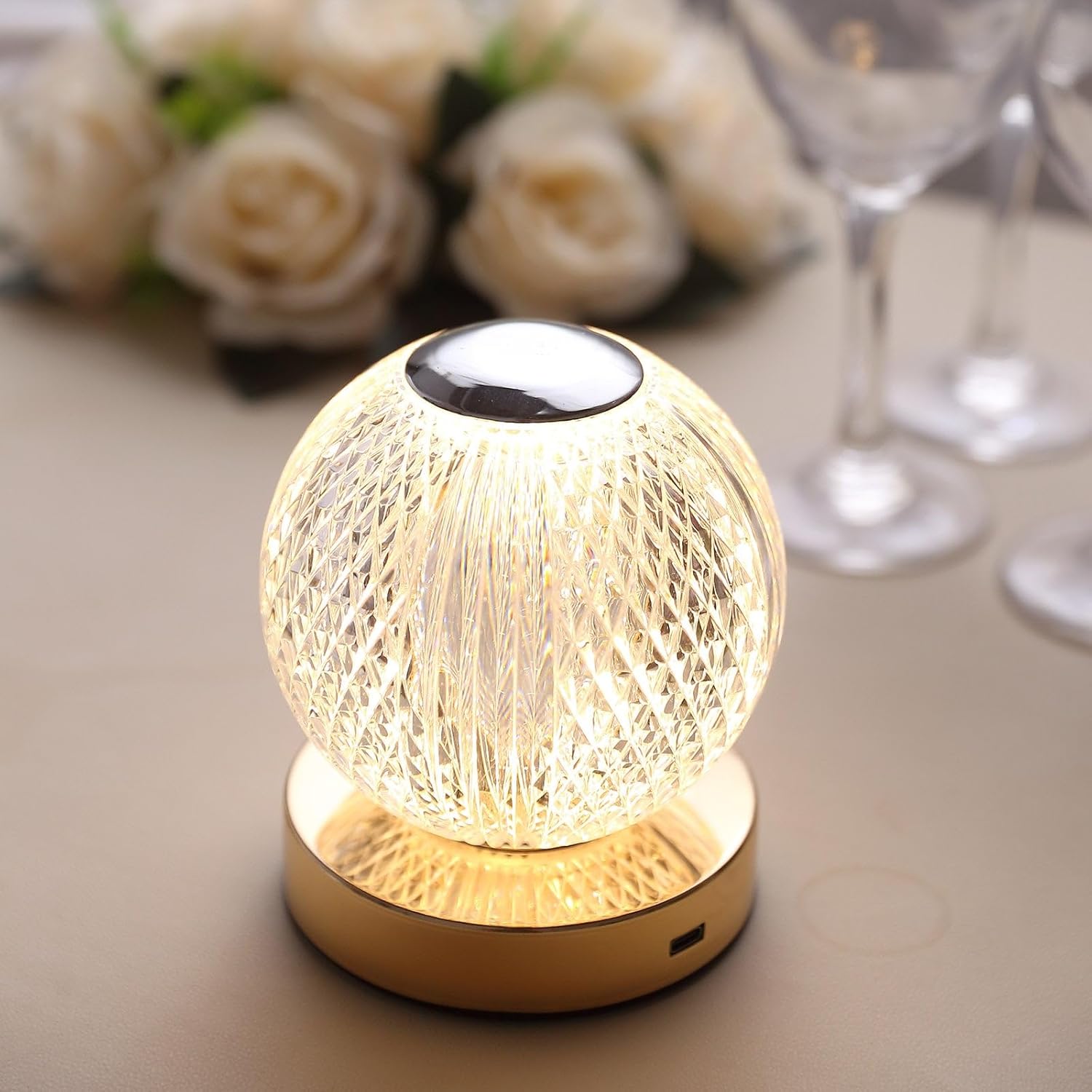 Efavormart – Lámpara de mesa LED regulable con bola de cristal de corte de diamante de 5 pulgadas con control táctil, luz nocturna decorativa