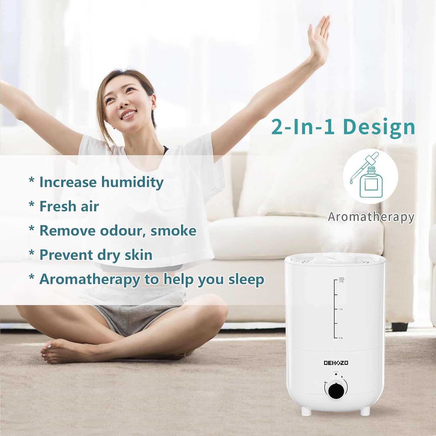 DEHOZO Humidificadores para dormitorio, bebé, 2.6 L, llenado superior para habitaciones grandes, oficinas, habitación de niños, 25 dB, silencioso,