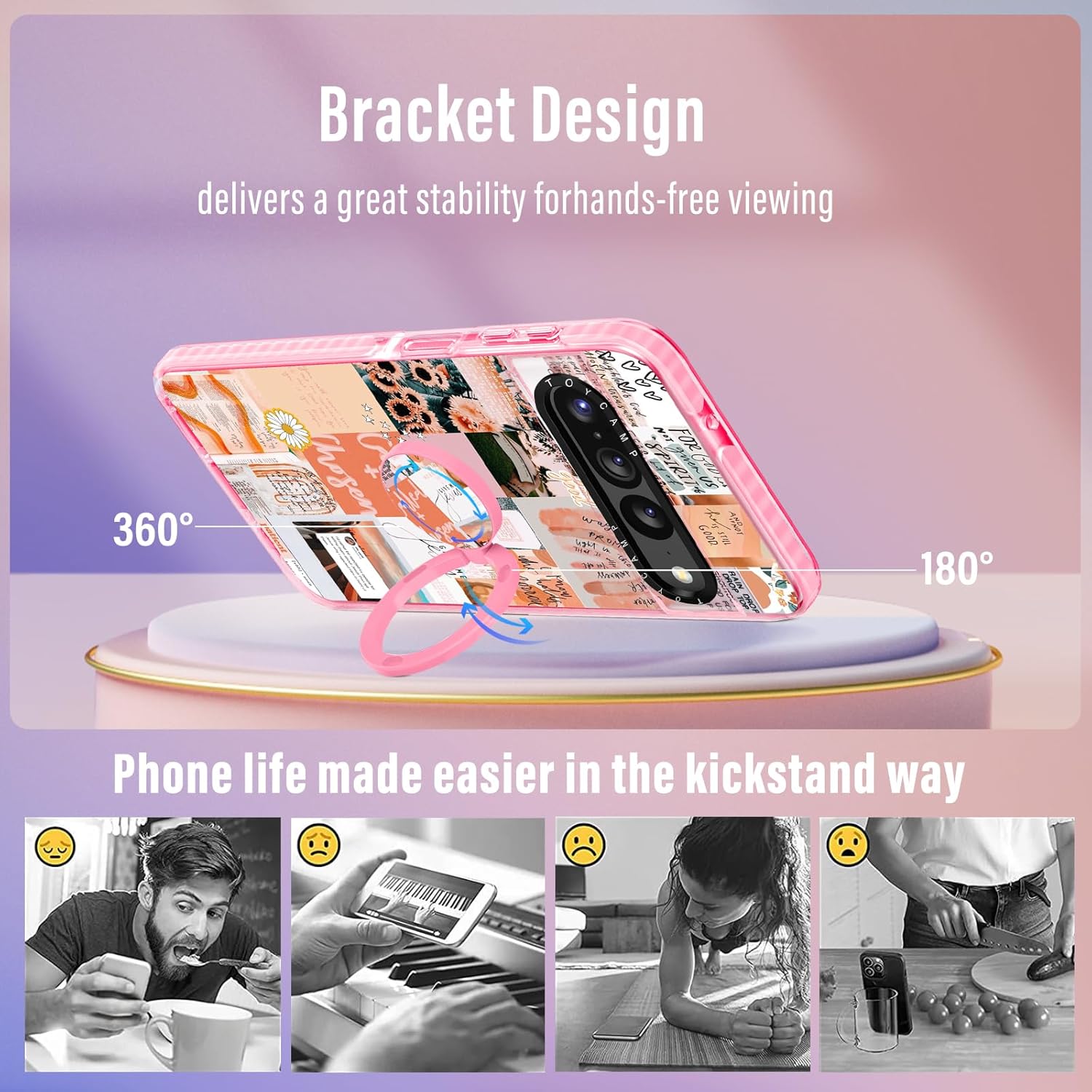 Toycamp Funda para Pixel 7 Pro con soporte para anillos, bonita estética retro vintage, diseño de collage de dibujos animados, a prueba de golpes