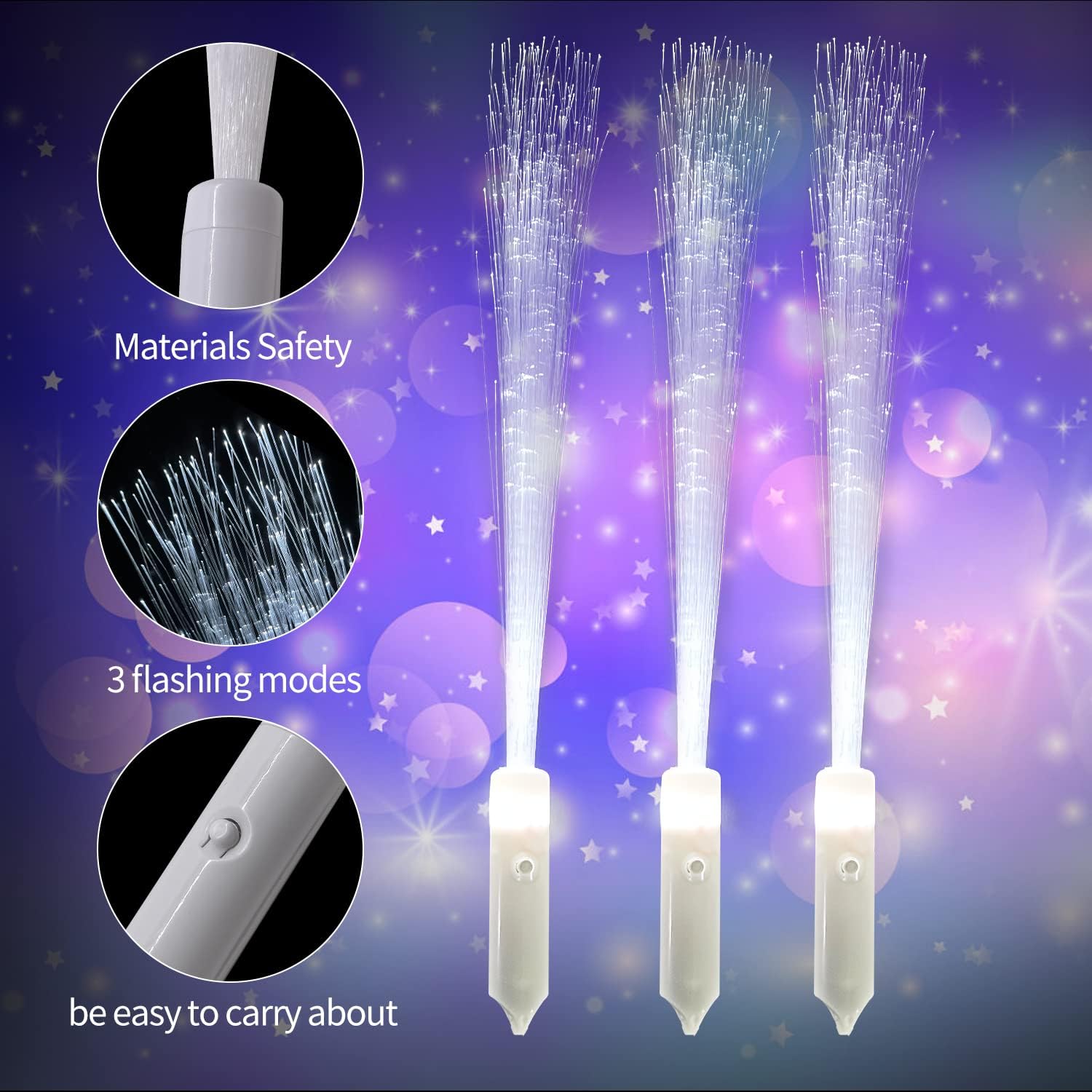 SZHFU Varitas luminosas para fiestas infantiles, varitas de fibra óptica blanca con luz LED, 3 modos de luz intermitentes, para despedida de
