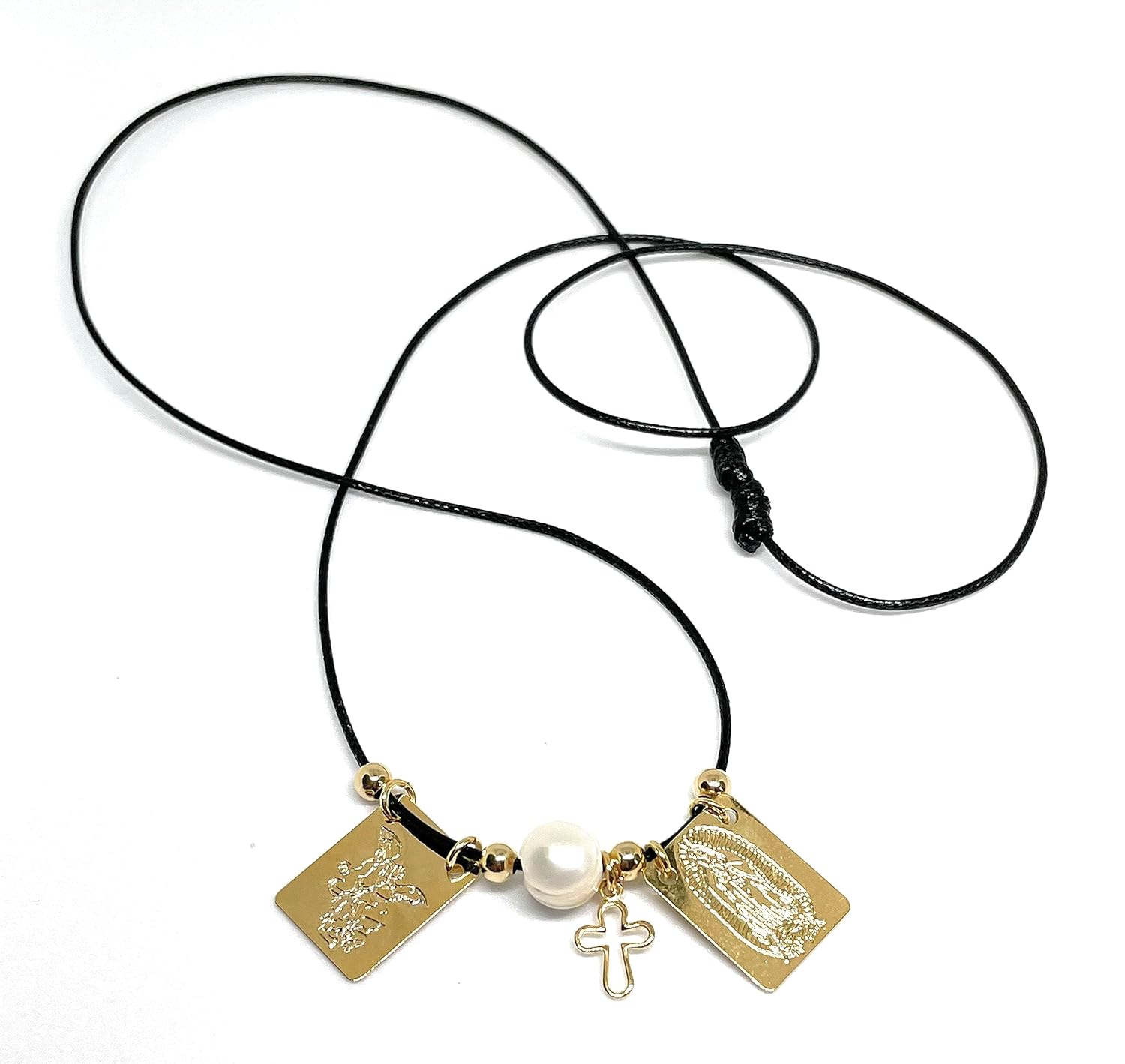 18k Gold Filled Scapular Leather Cord Choker Necklace Double Knotted Adjustable (Black)