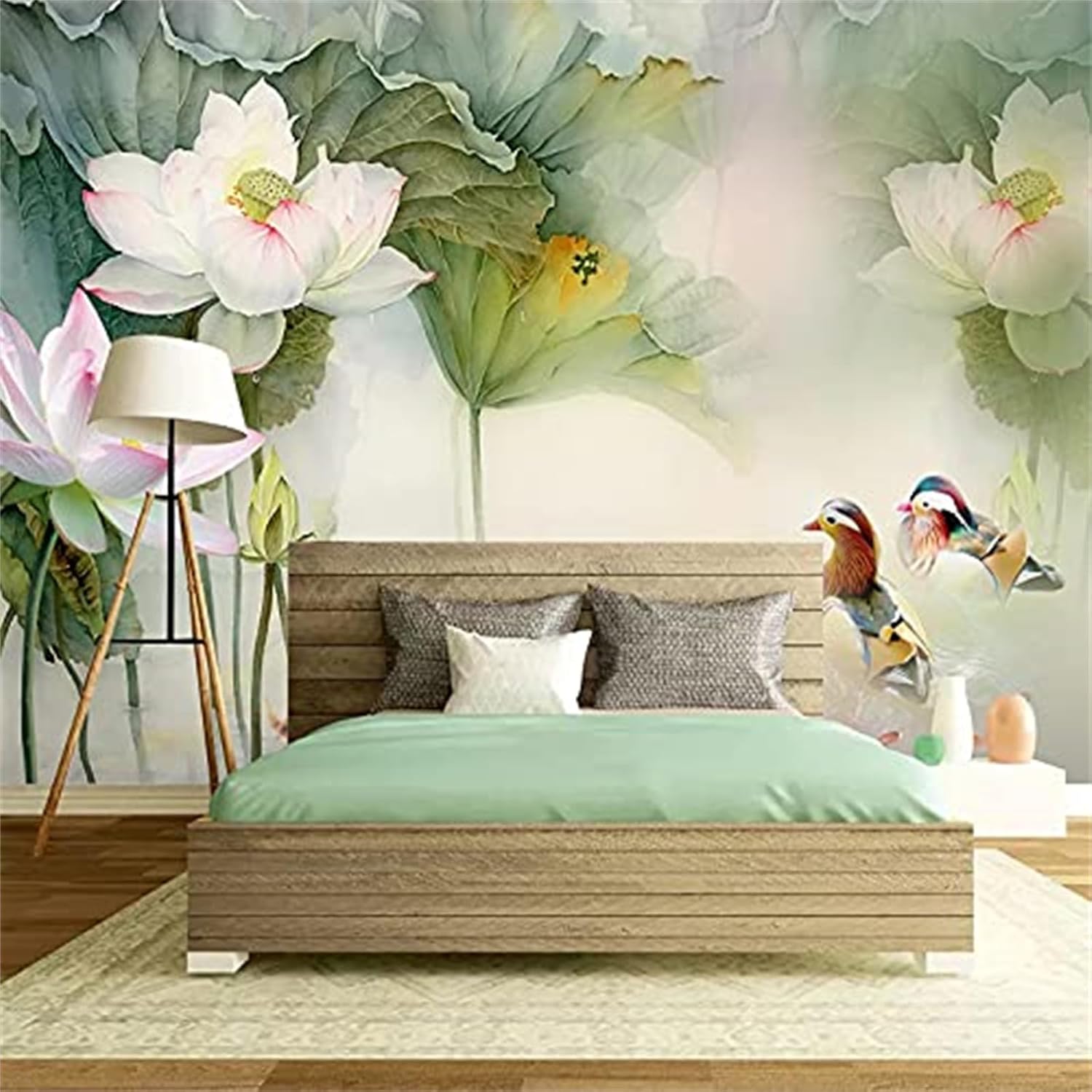 Vinilo decorativo para pared con diseño de loto y pato floreciente, calcomanías de pared de estilo chino, murales de pared extraíbles, decoración de