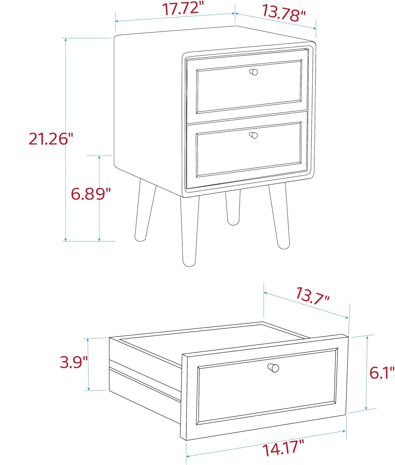 Olusmane Nightstand Easy Assembly Solid Oak Wood Mid Century Modern Night Stand with 2 Rattan Drawers Small Bedside Table Sturdy & Durable 15.75″ L