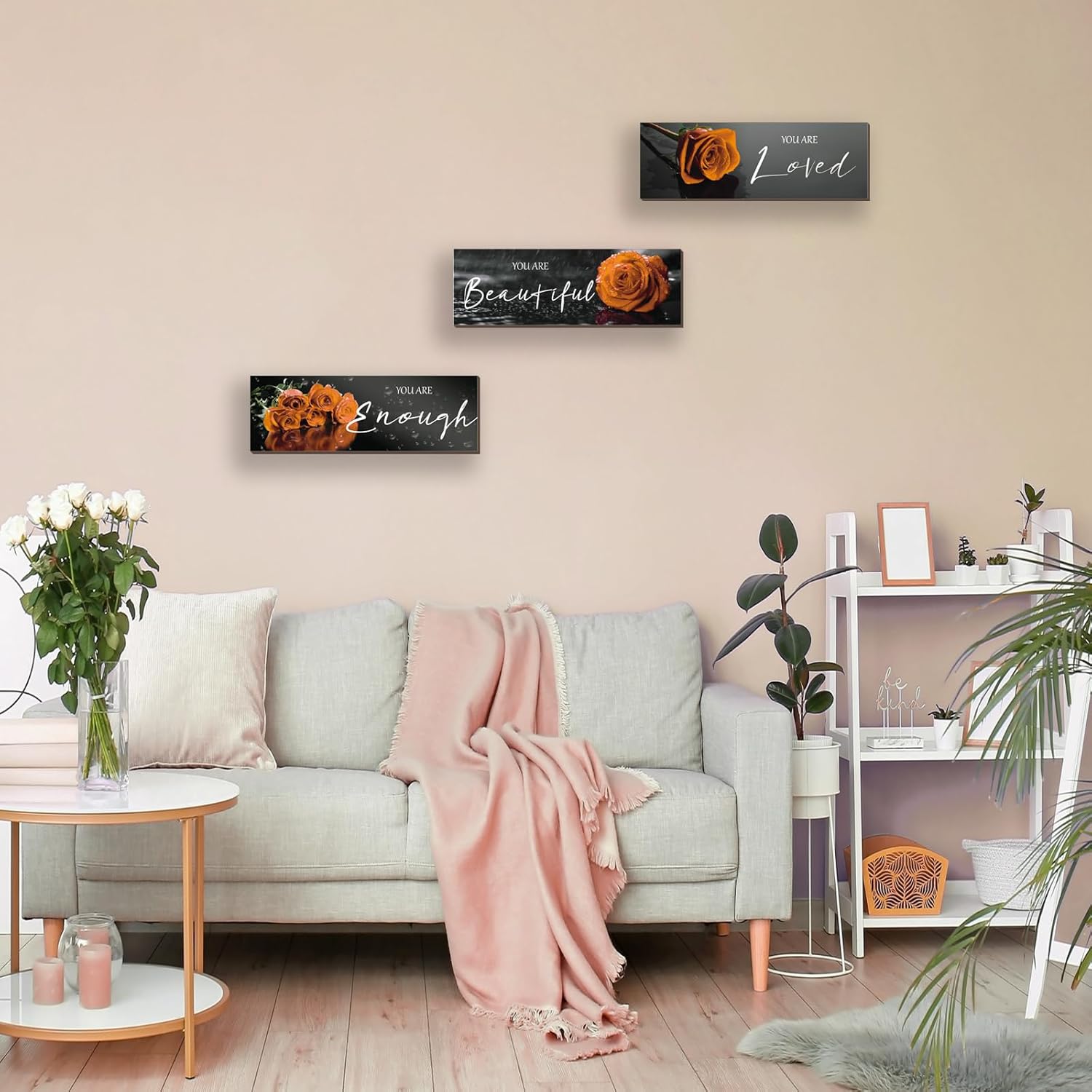 ZINYAZHE 3 piezas de decoración de pared naranja inspiradoras rosas naranjas decoración de baño, arte de pared de madera, citas positivas You Are