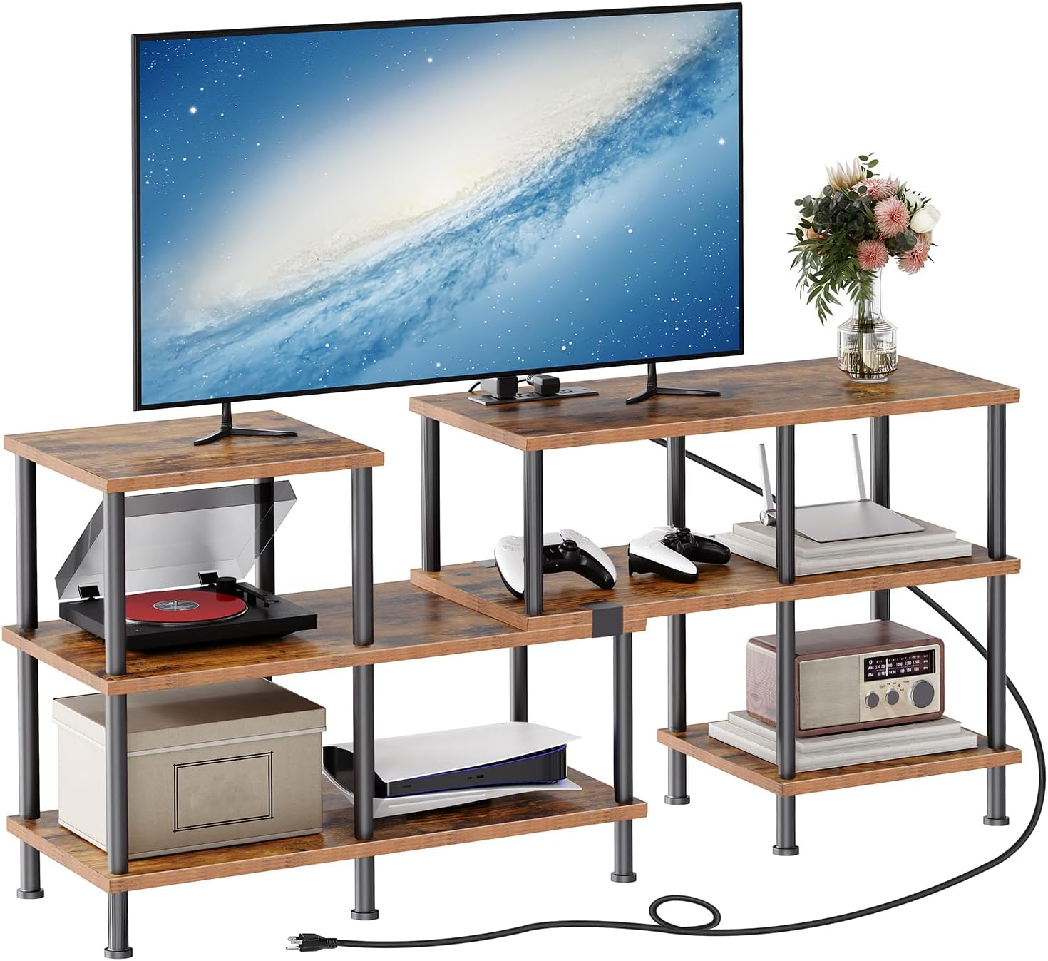 HOOBRO Soporte de TV, soporte de TV deformable con tomas de corriente de hasta 75 pulgadas, moderno centro de entretenimiento con estantes de