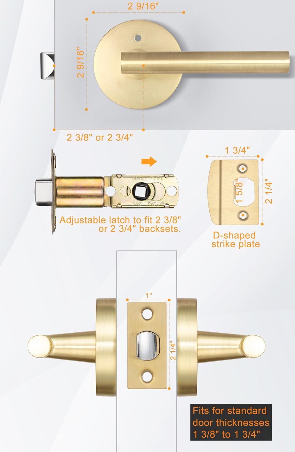goldenwarm Paquete de 2 manijas doradas para puerta interior, manija de privacidad dorada cepillada, paquete de manijas de puerta interiores de