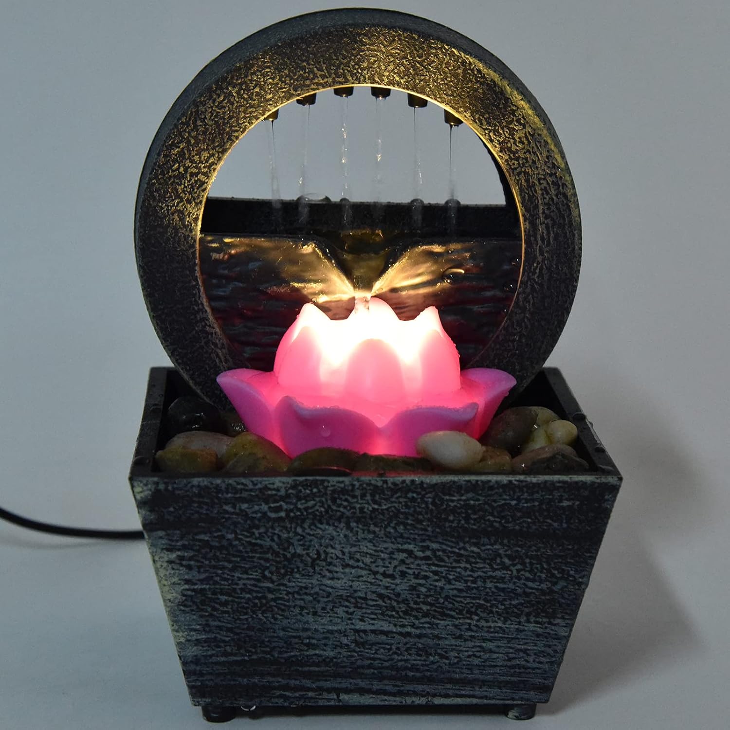 Fuente de agua de mesa, 6.5 pulgadas, 3 V, pequeña, USB, LED, fuente de agua de flores, fuente de relajación, decoración con piedras de luz para