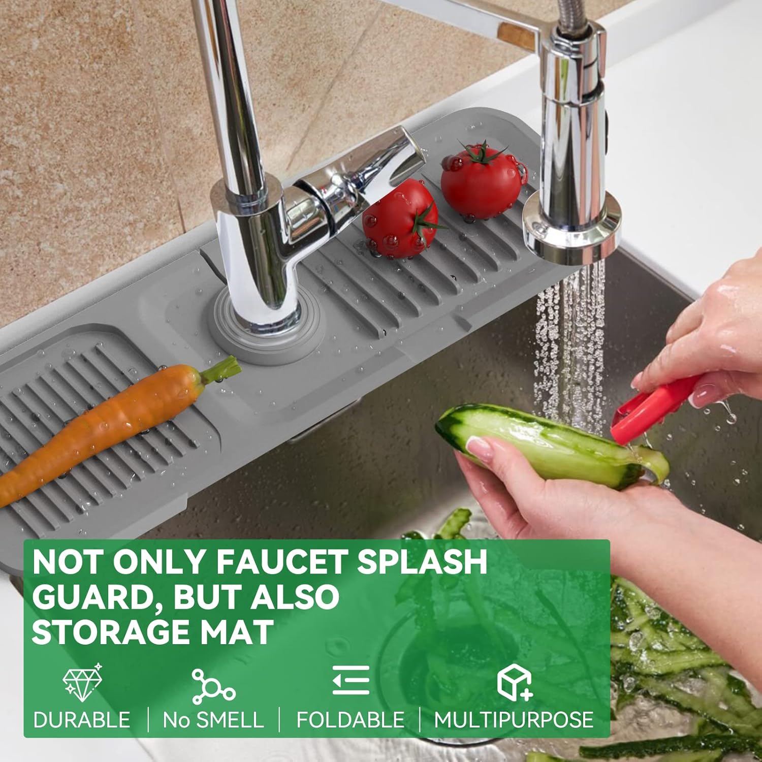 Protector contra salpicaduras para fregadero de cocina de 17.7 x 5.5 pulgadas, bandeja de recogedor de goteo con mango de grifo Toovem, alfombrilla