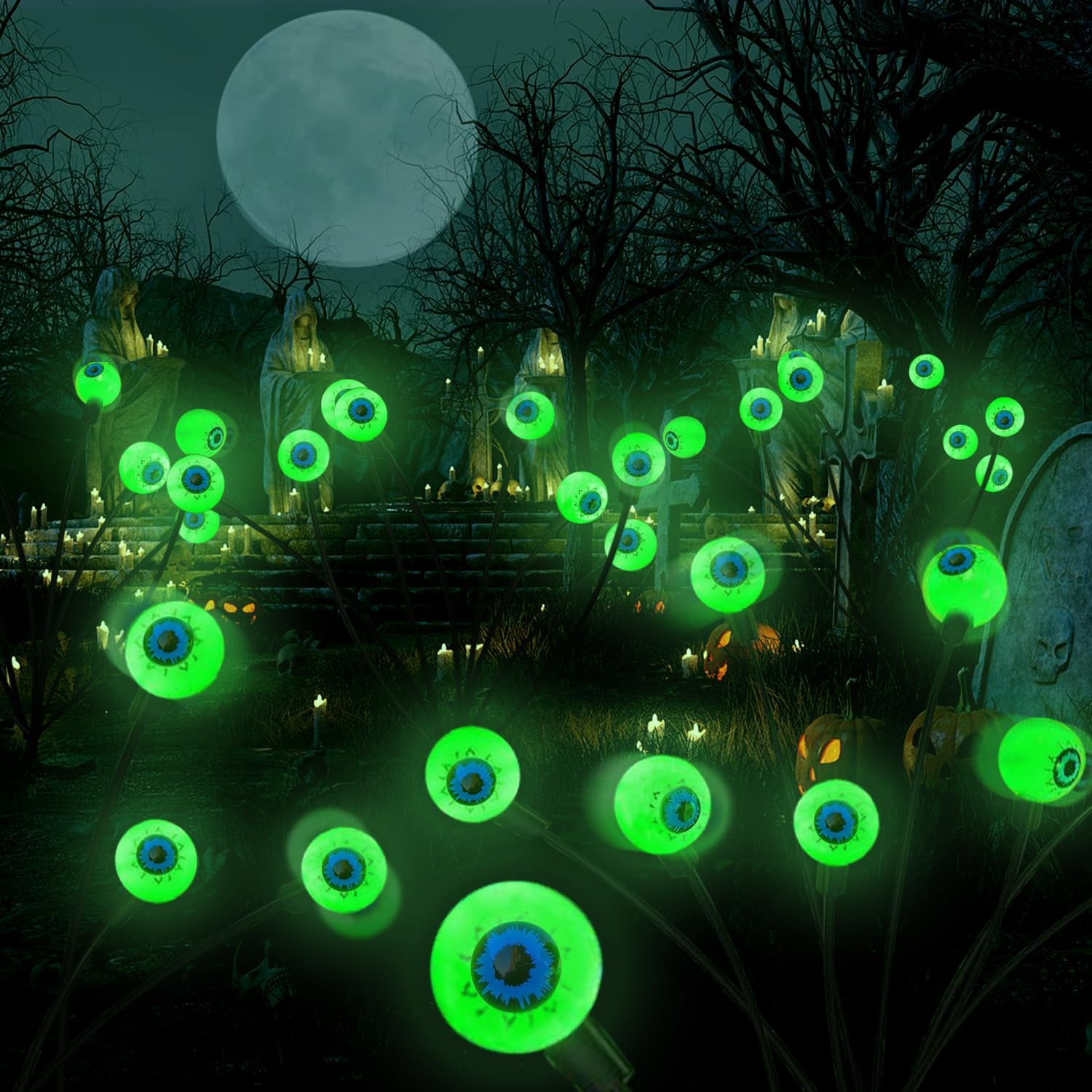 Luces solares de Halloween para exteriores, luces de ojos oscilantes y aterradoras, 2 paquetes de 20 globos LED verdes, decoración de Halloween,
