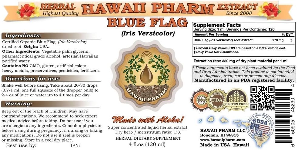 HawaiiPharm Extracto líquido de bandera azul, suplemento de tintura orgánica con bandera azul (iris versicolor) 2 onzas
