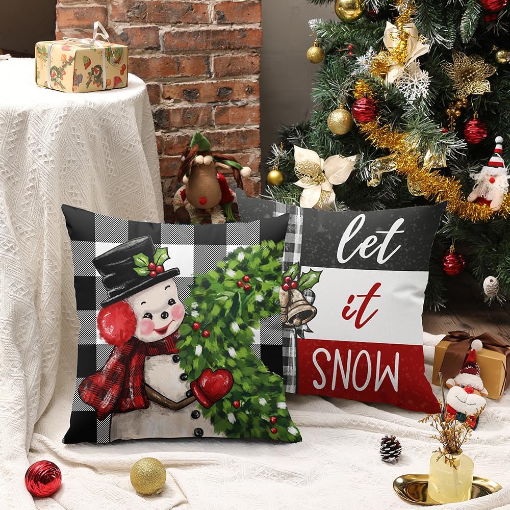 DFXSZ Juego de 4 fundas de almohada de Navidad de 18 x 18 pulgadas, diseño de muñeco de nieve, corona de árbol de Papá Noel, decoración de invierno