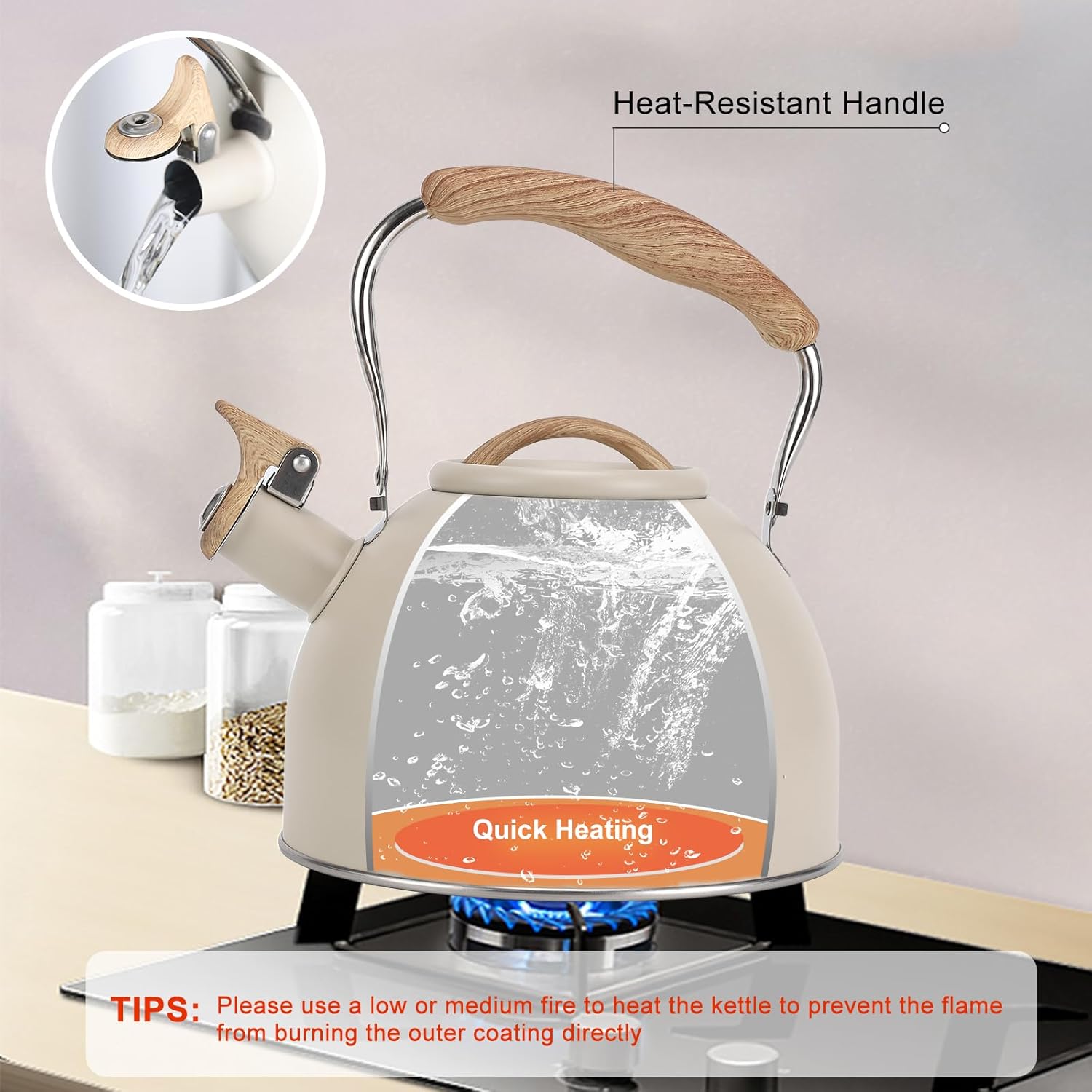 Vegoran – Tetera de 100 onzas  3 litros, tetera para estufa, acero inoxidable de grado alimenticio con mango plegable con patrón de madera, silbato