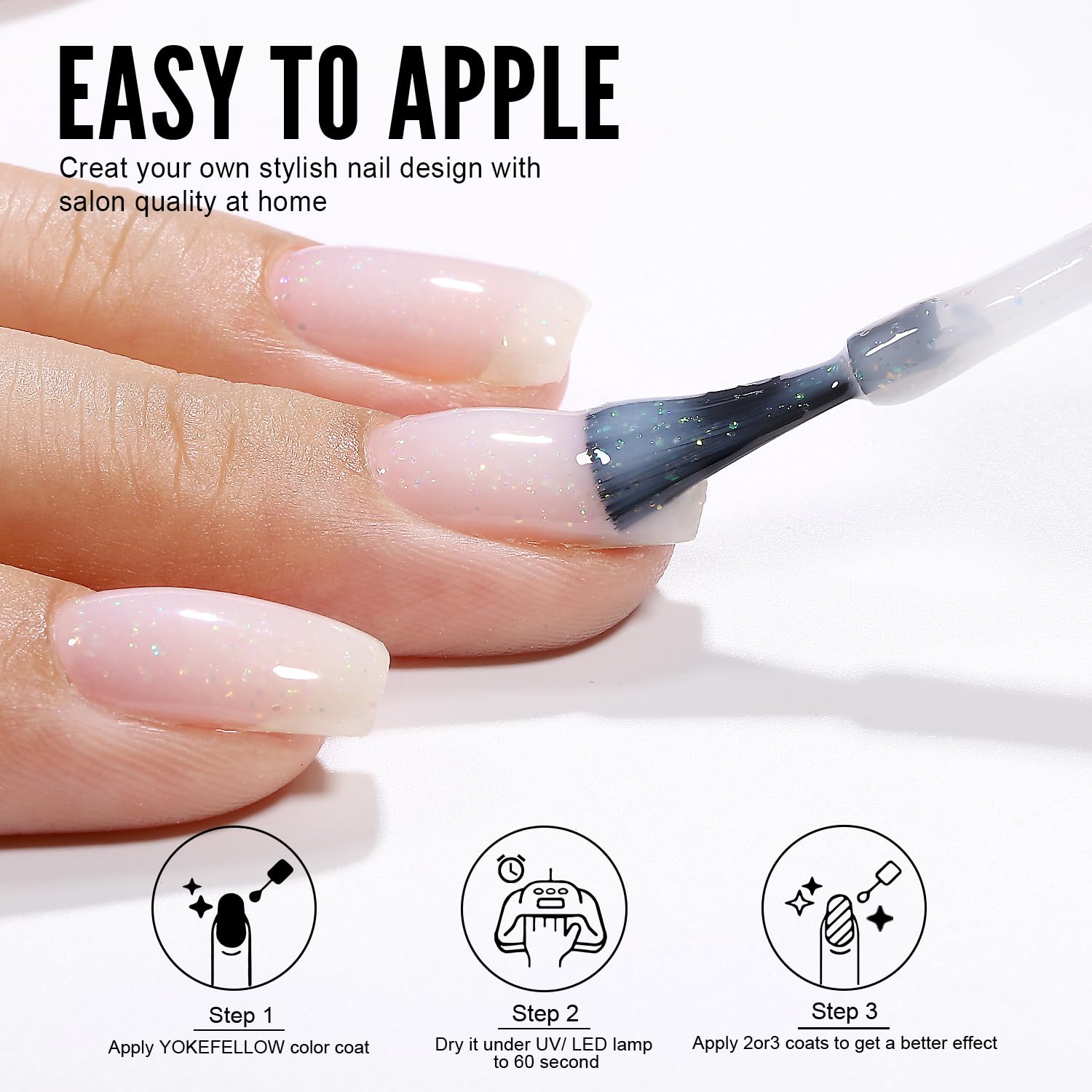 YOKE FELLOW Esmalte de uñas de gel con purpurina, 0.3 onzas líquidas, esmalte de uñas de gel transparente color blanco lechoso con purpurina láser