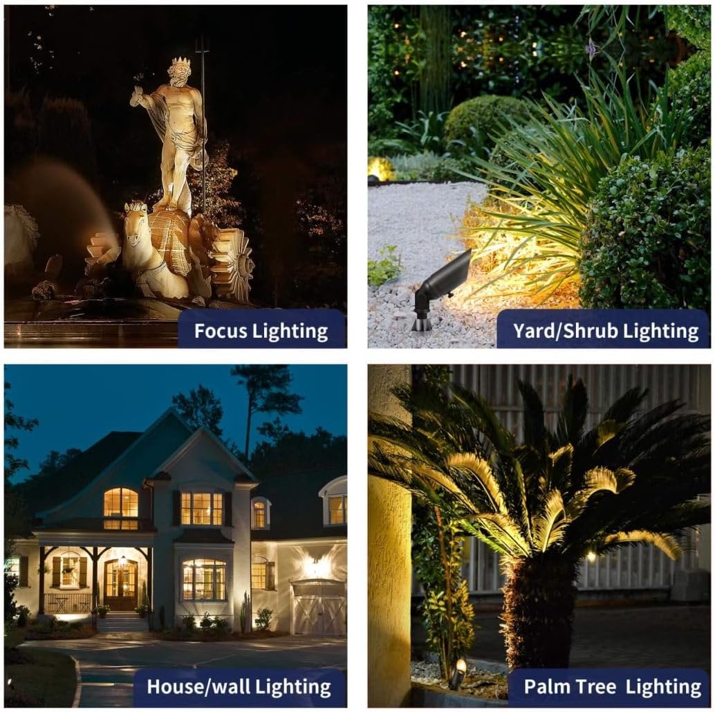 Gardenreet Luces LED de latón para paisaje, impermeables, para exteriores, 12 V, focos de bajo voltaje para paredes, árboles, banderas con estaca de
