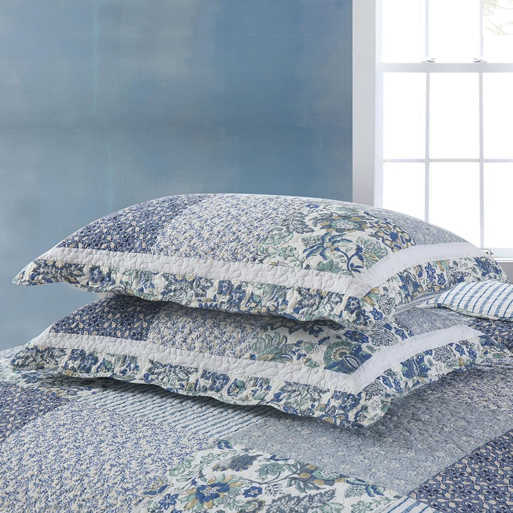 Juego de ropa de cama de algodón de 3 piezas, reversible, juego de colcha reversible vintage floral de retazos azules, tamaño Queen