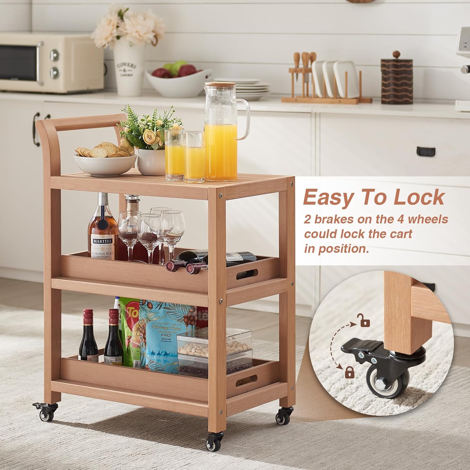 Psilvam Carrito de cocina, carrito de barra impermeable de madera de polietileno con ruedas, bandejas reemplazables de tres capas con ruedas,