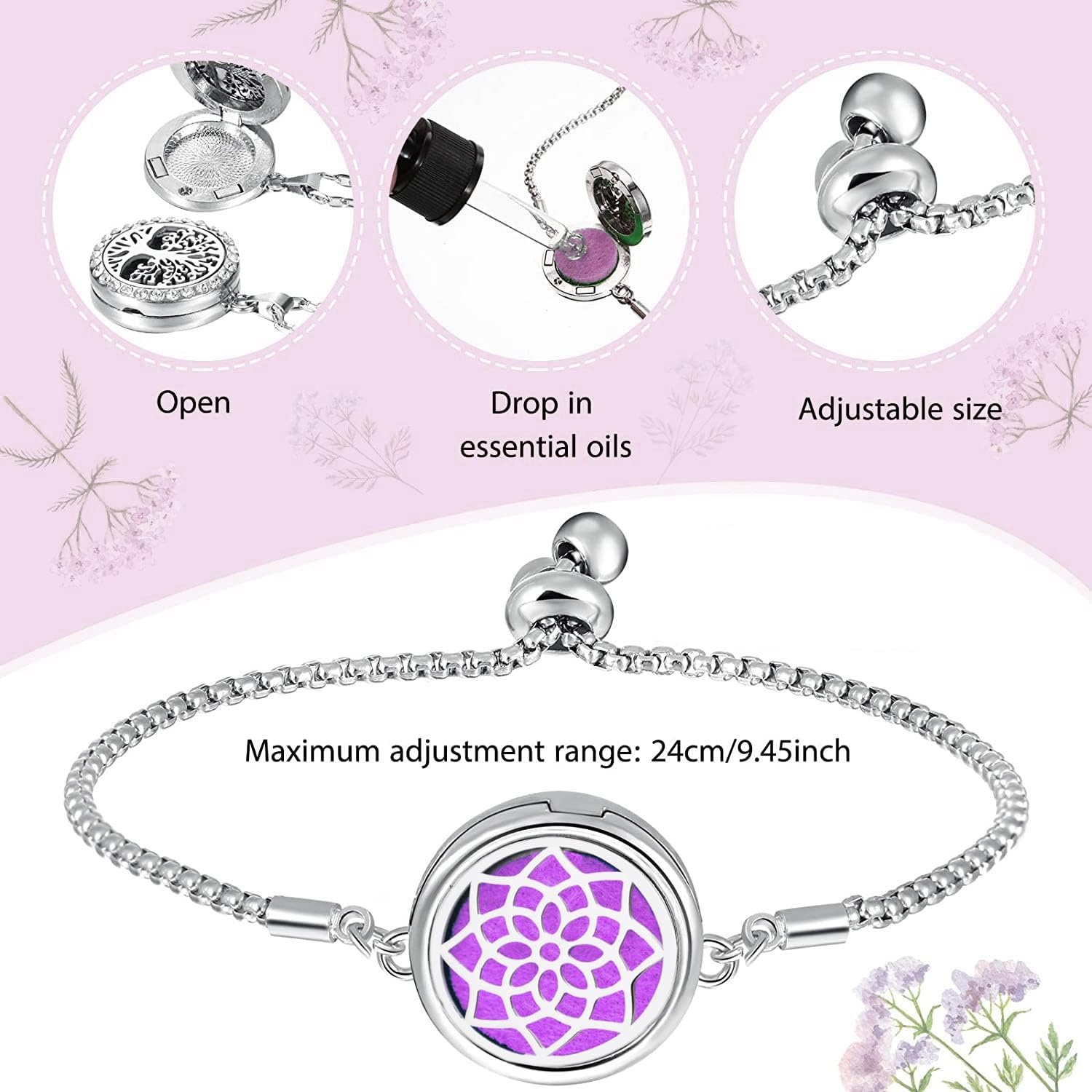 2 pulseras difusoras de aceites esenciales, medallón difusor de aromaterapia de diamante, pulsera ajustable con 20 almohadillas de repuesto